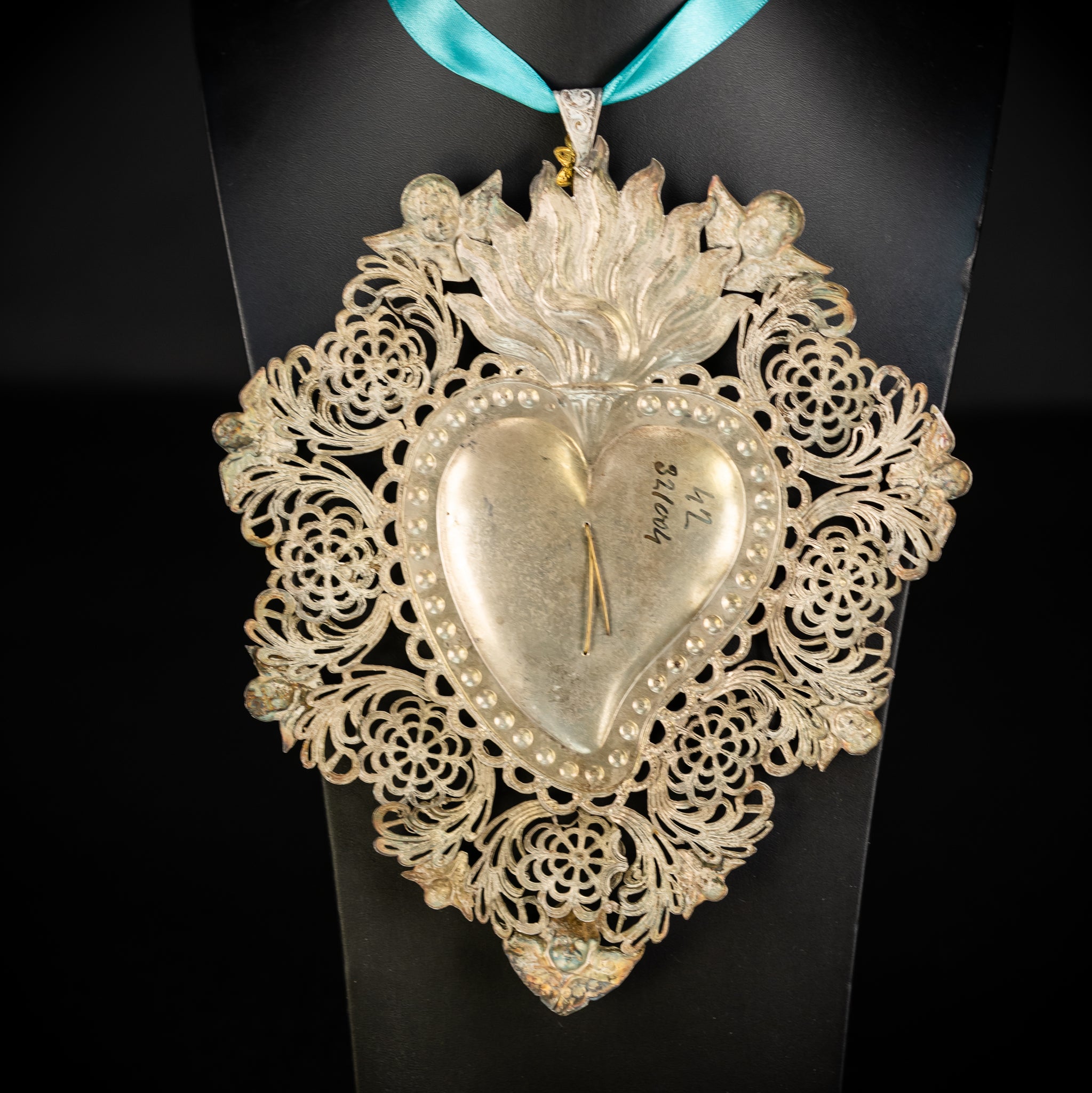 10" Solid Silver Votive Heart | 1800s  Virgin Mary Monogram
