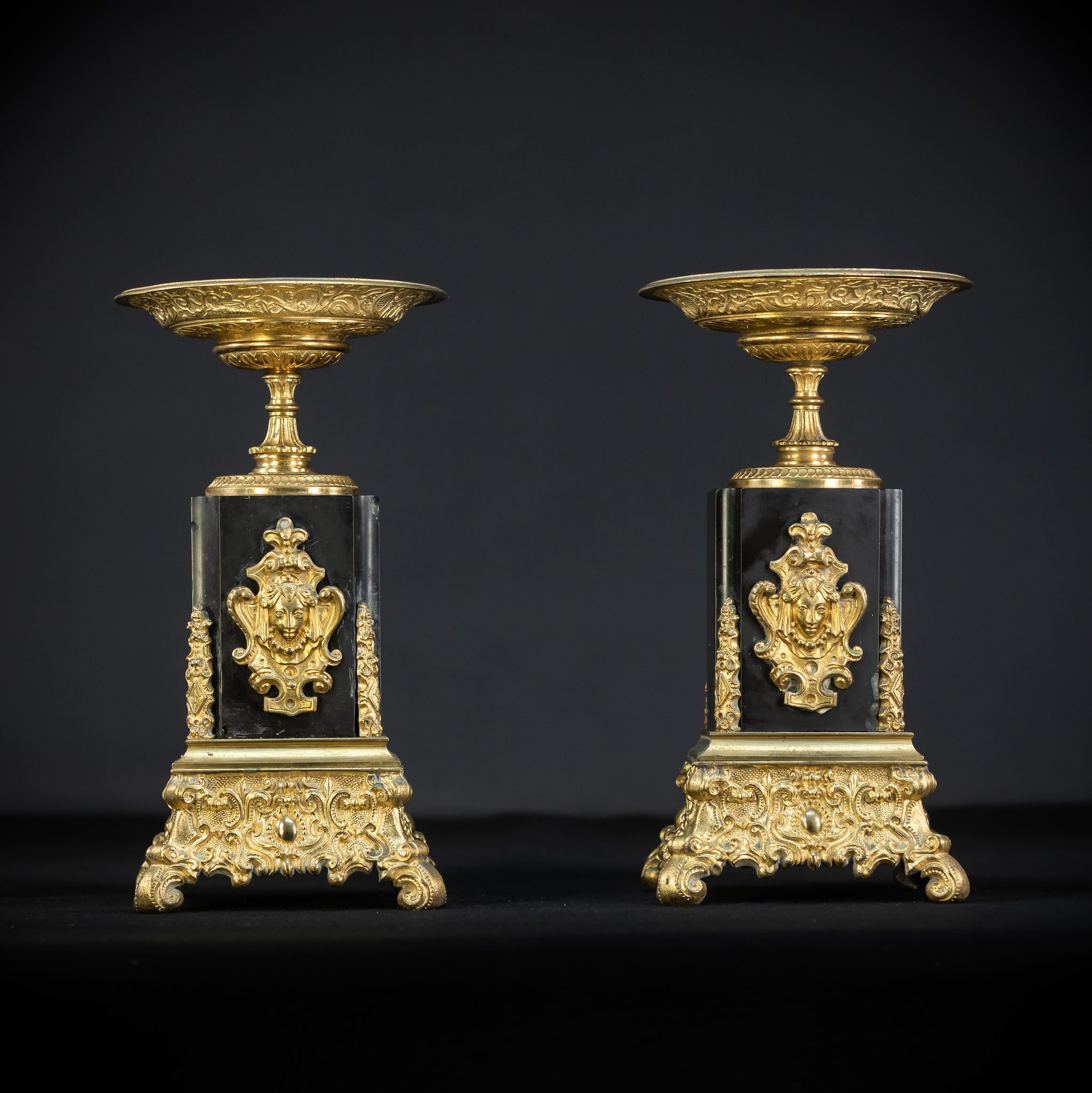 Pair of Urns Gilded Bronze & Marble | 1700s | 11.8”