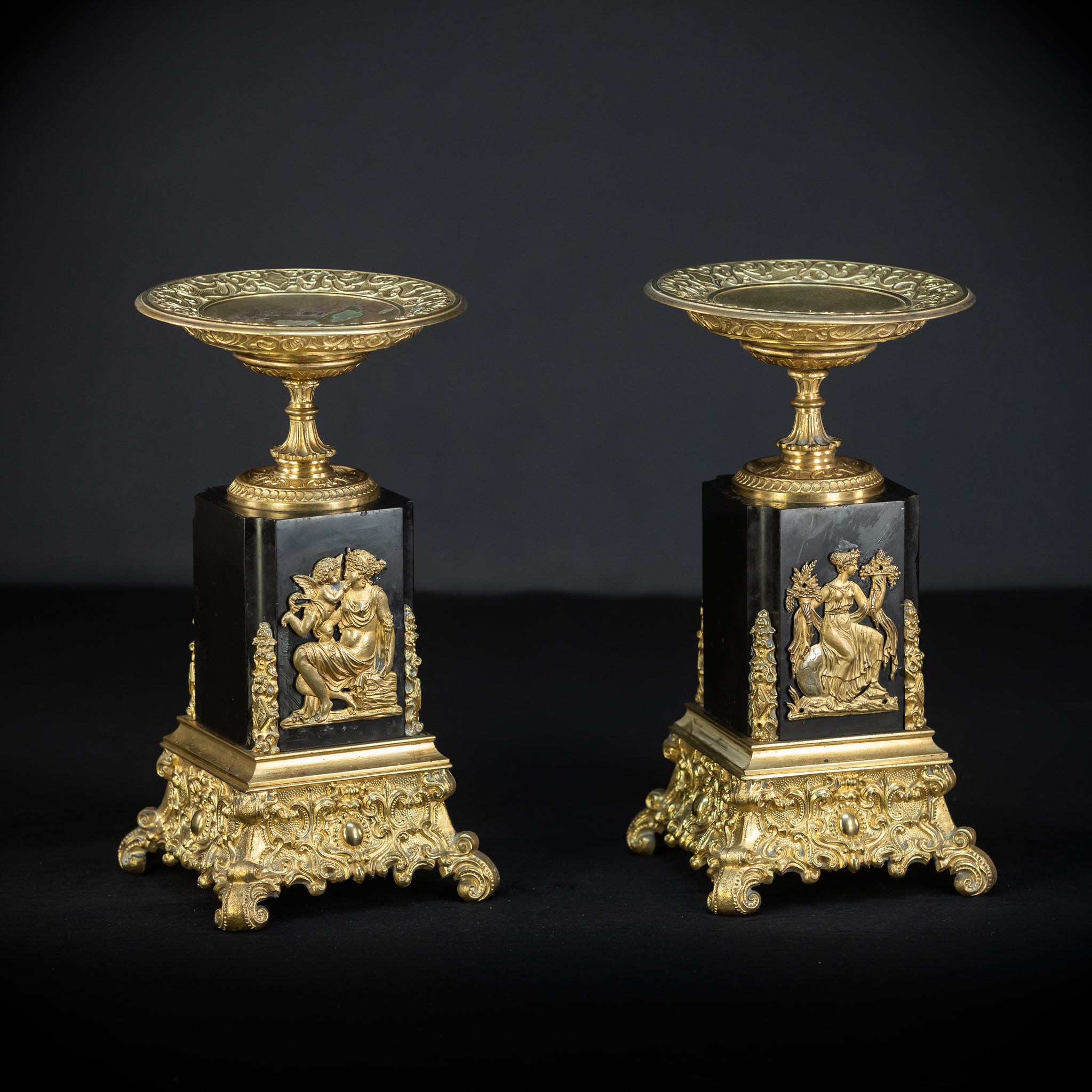Pair of Urns Gilded Bronze & Marble | 1700s | 11.8”