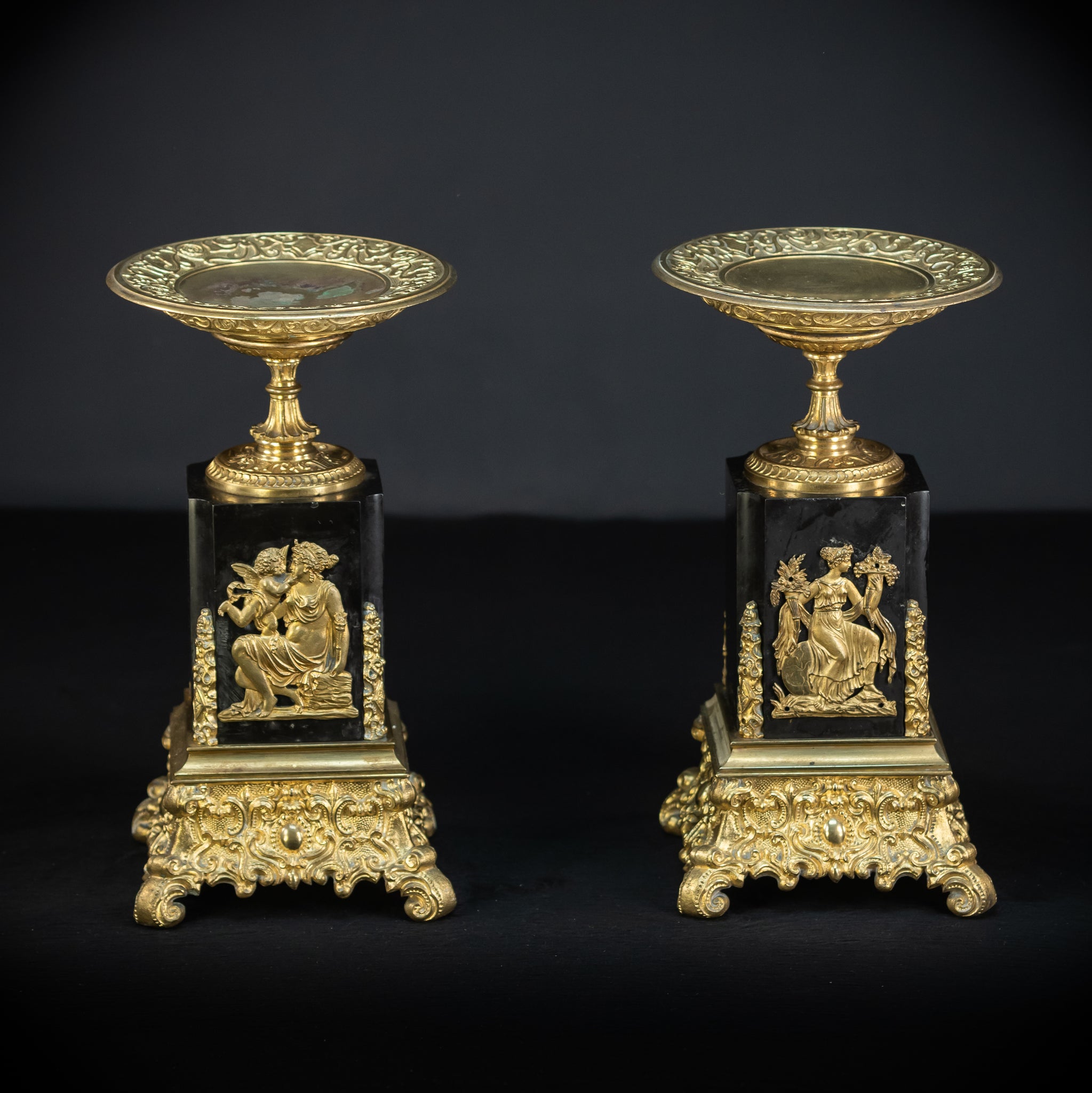 Pair of Urns Gilded Bronze & Marble | 1700s | 11.8”