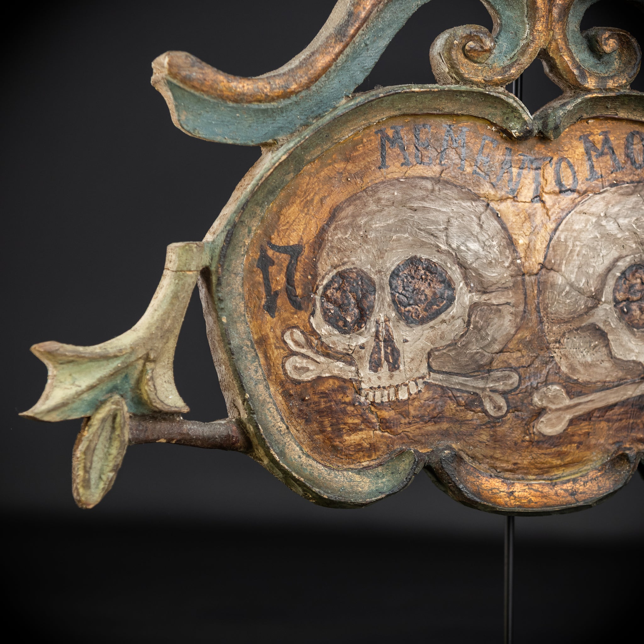 Memento Mori | French 1700s Wood Carved Painted Plaque 16.9" / 43 cm