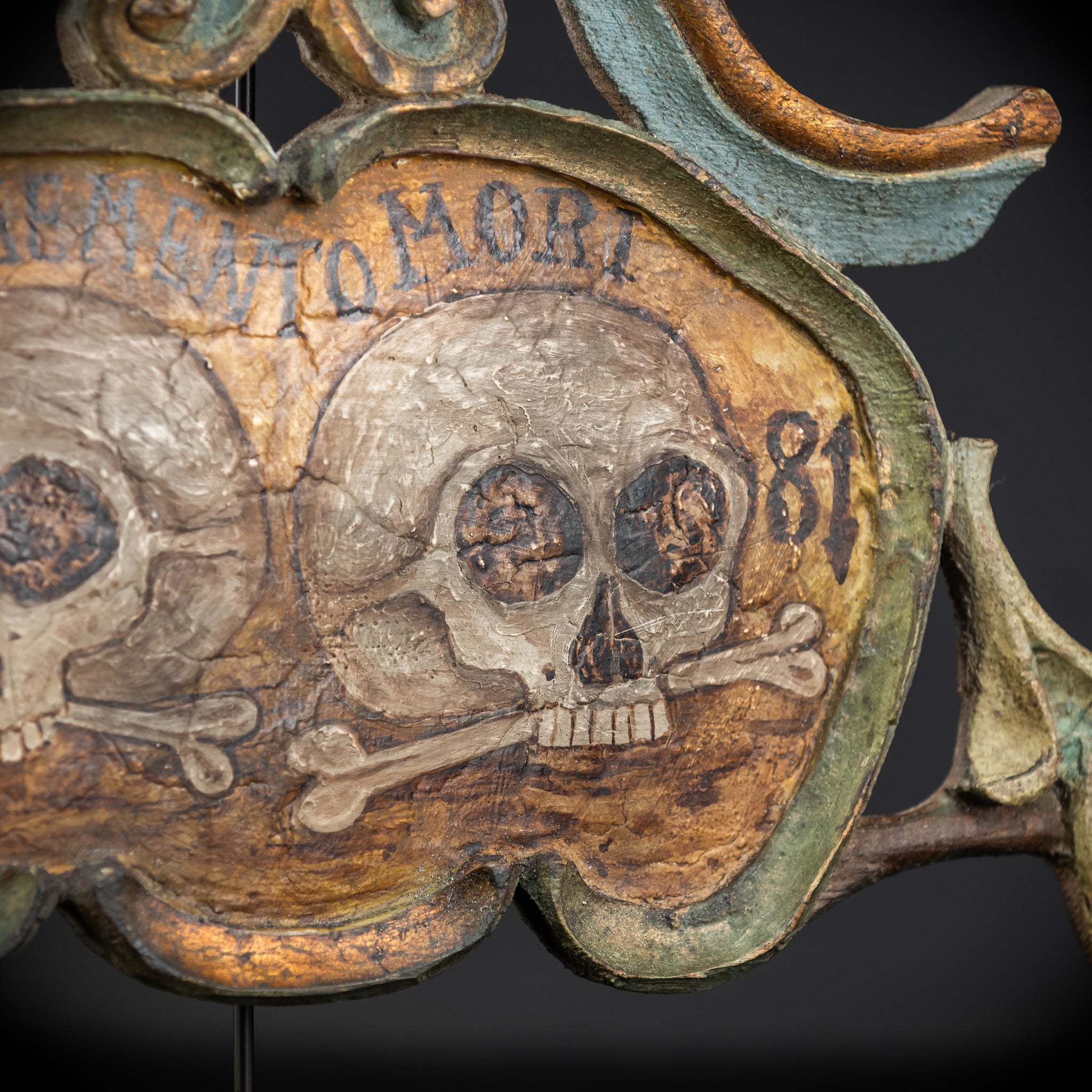 Memento Mori | French 1700s Wood Carved Painted Plaque 16.9" / 43 cm