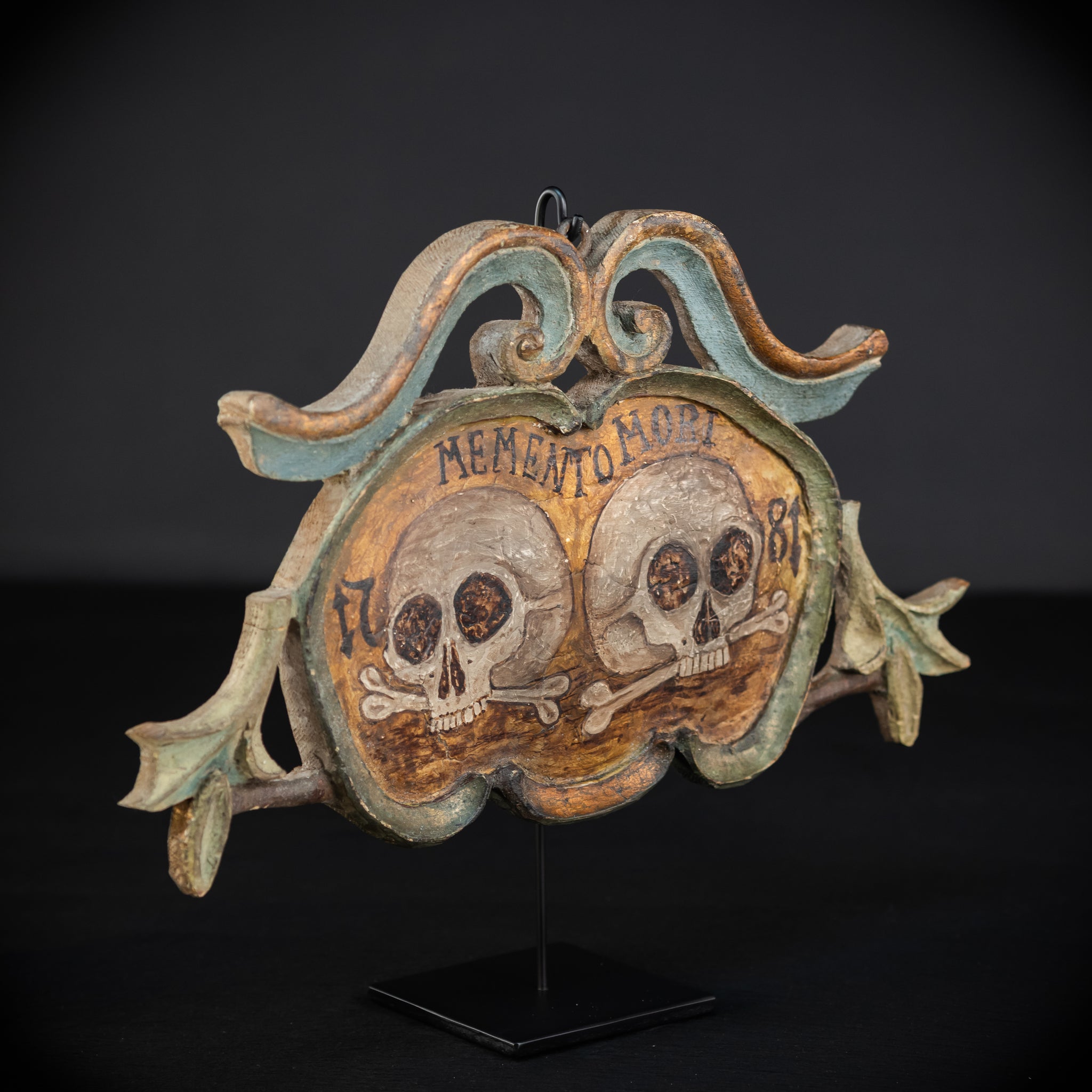 Memento Mori | French 1700s Wood Carved Painted Plaque 16.9" / 43 cm