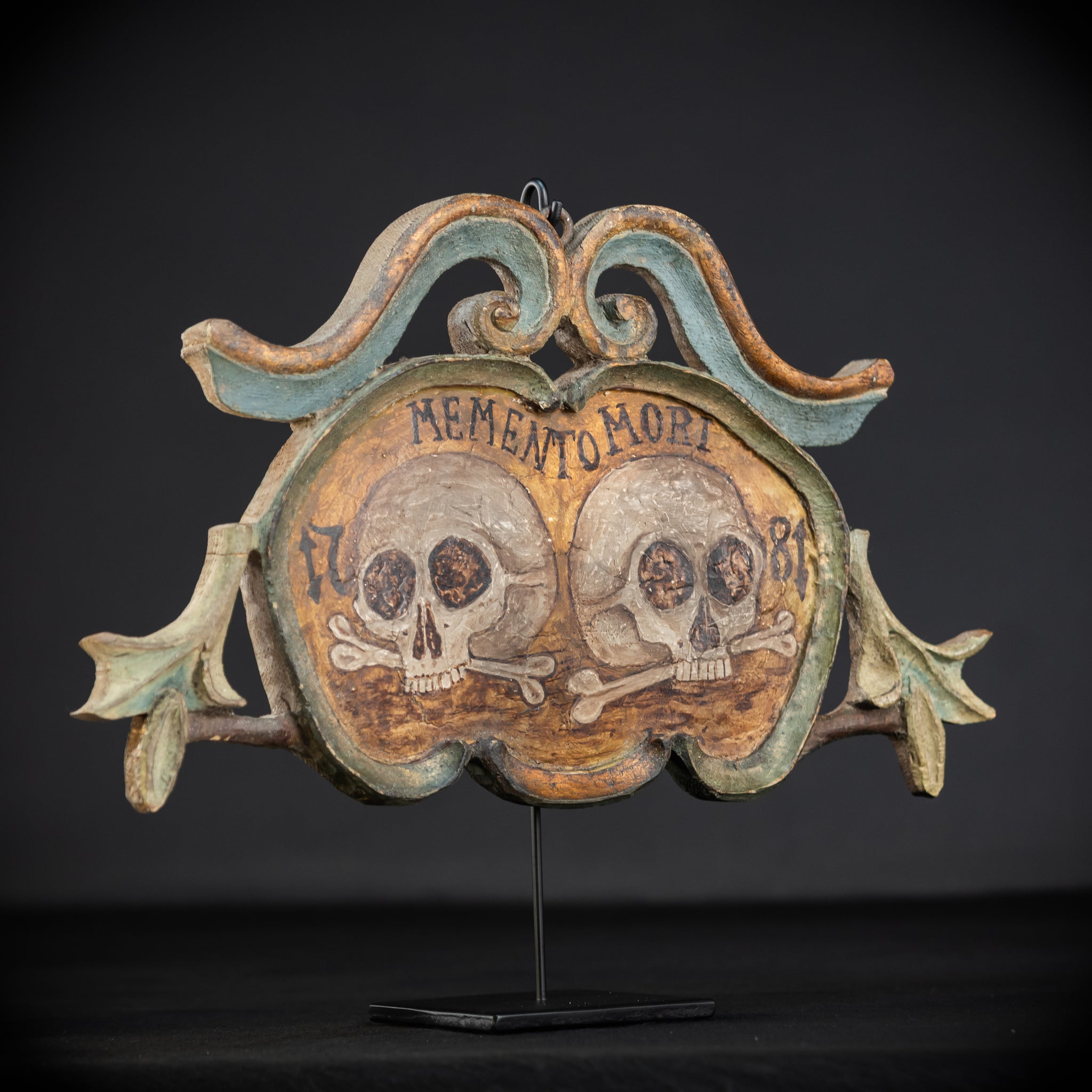Memento Mori | French 1700s Wood Carved Painted Plaque 16.9" / 43 cm