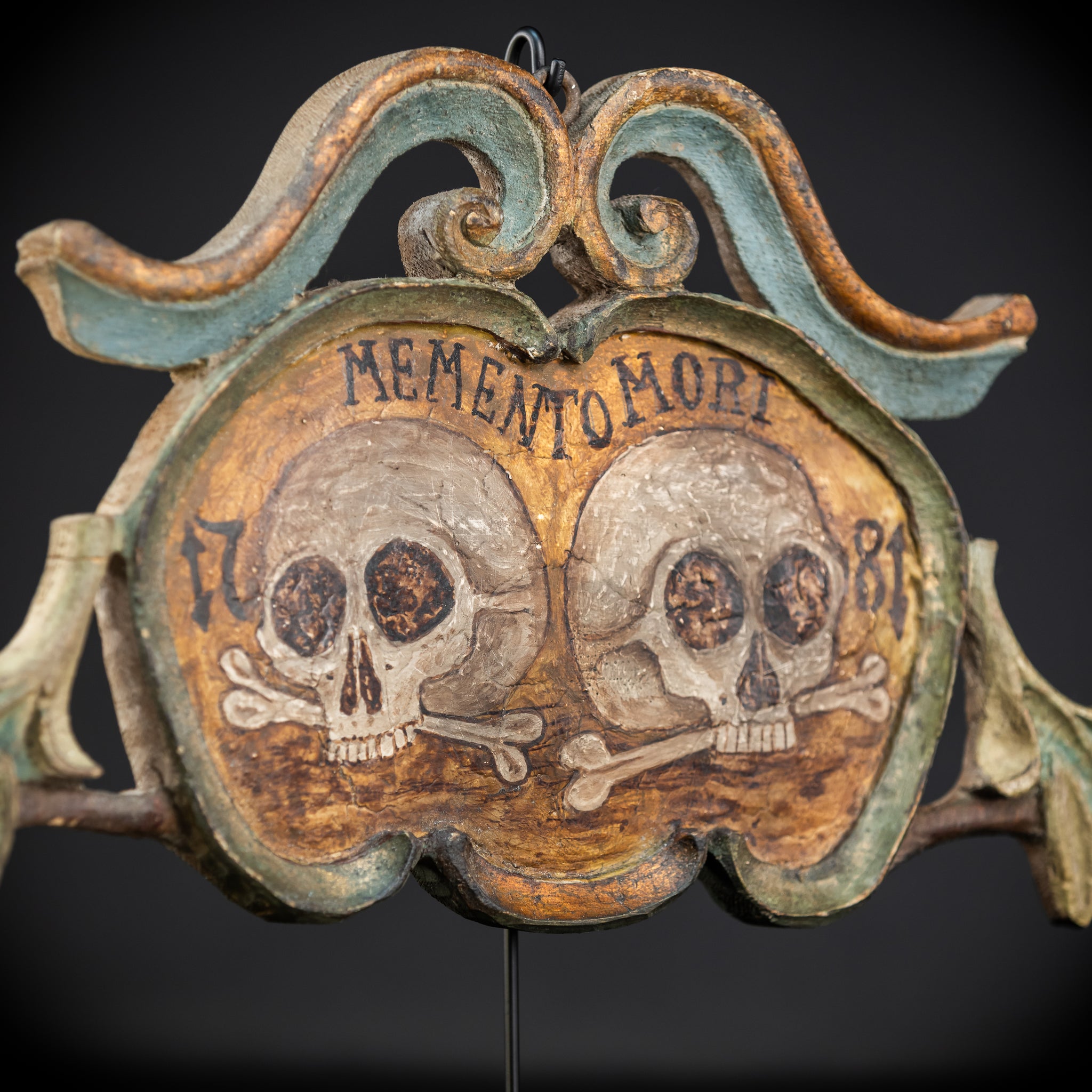 Memento Mori | French 1700s Wood Carved Painted Plaque 16.9" / 43 cm
