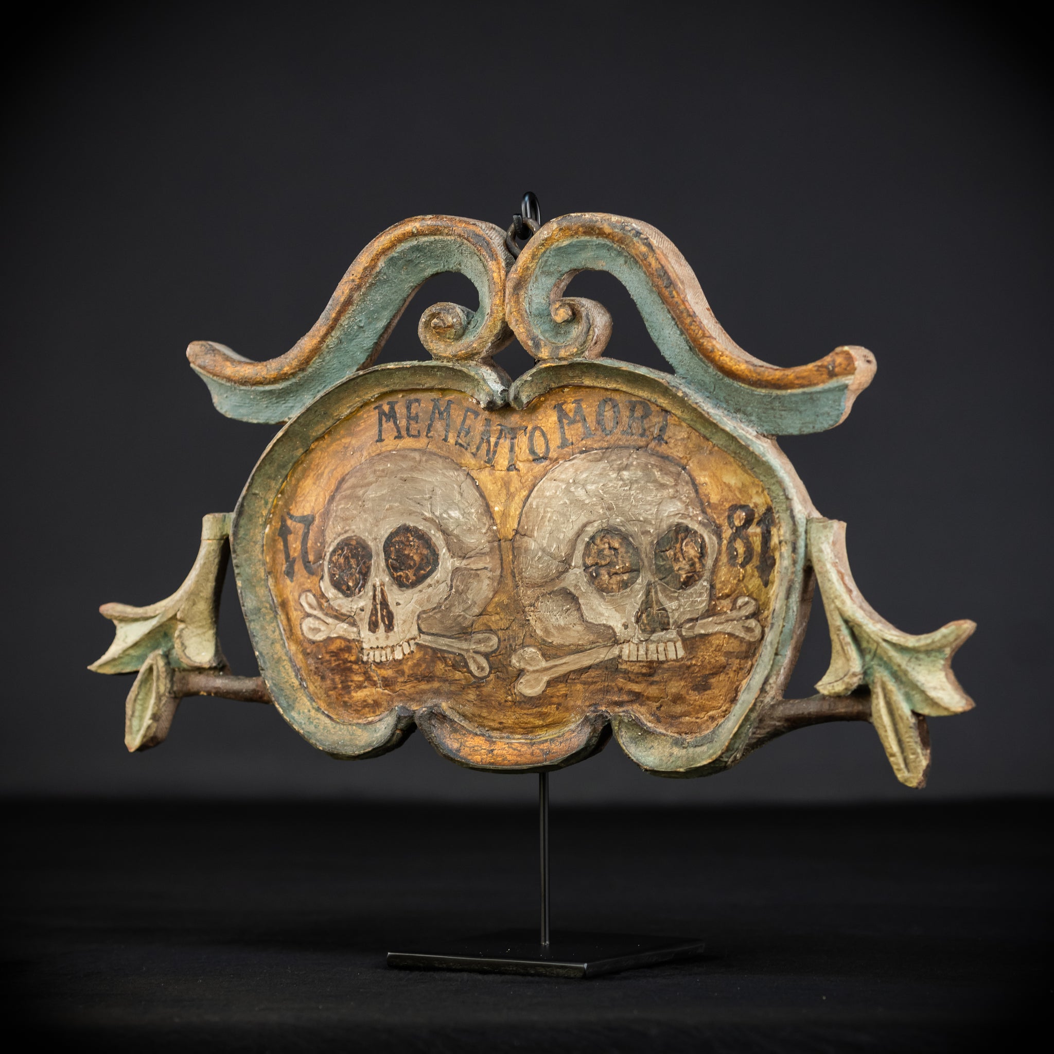 Memento Mori | French 1700s Wood Carved Painted Plaque 16.9" / 43 cm