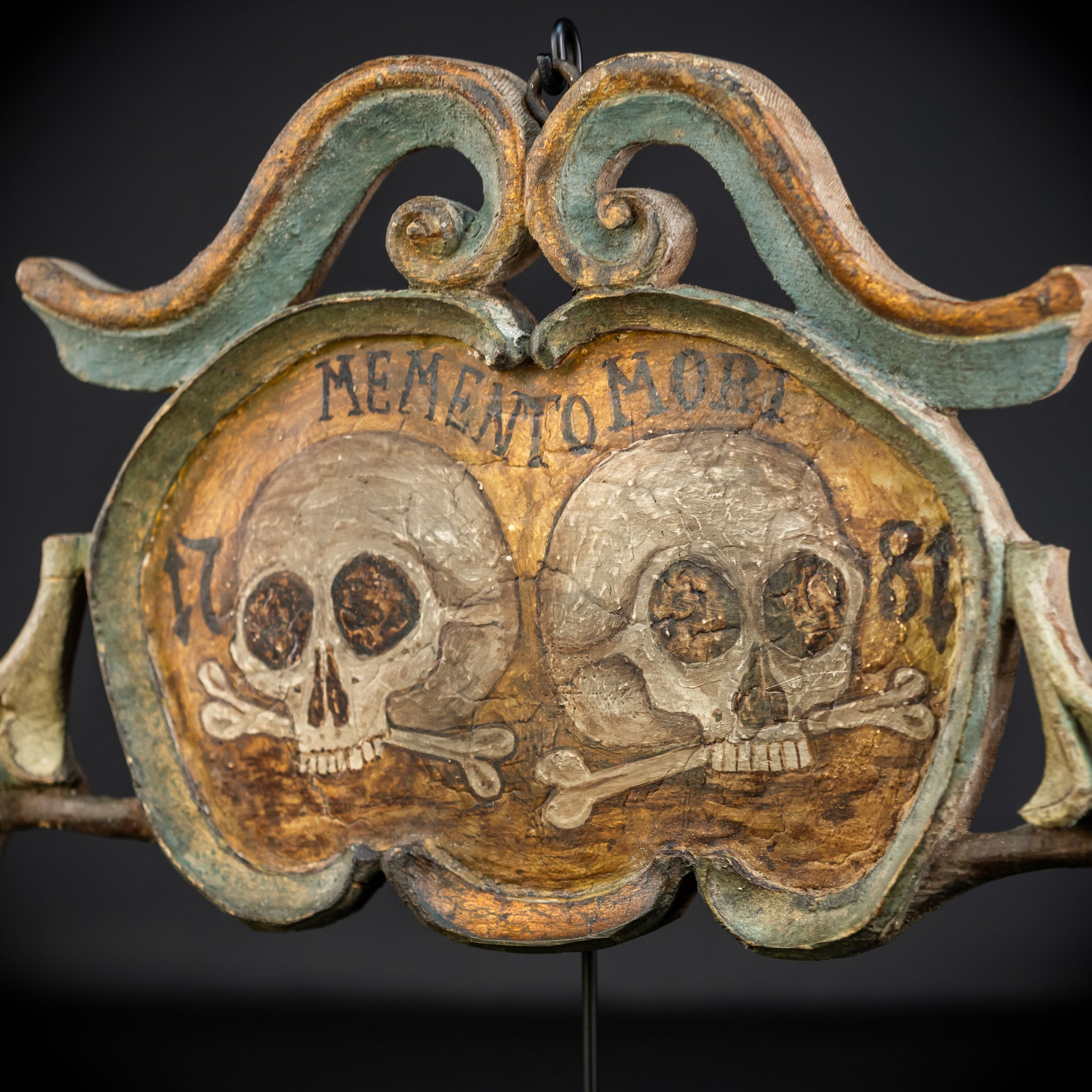Memento Mori | French 1700s Wood Carved Painted Plaque 16.9" / 43 cm