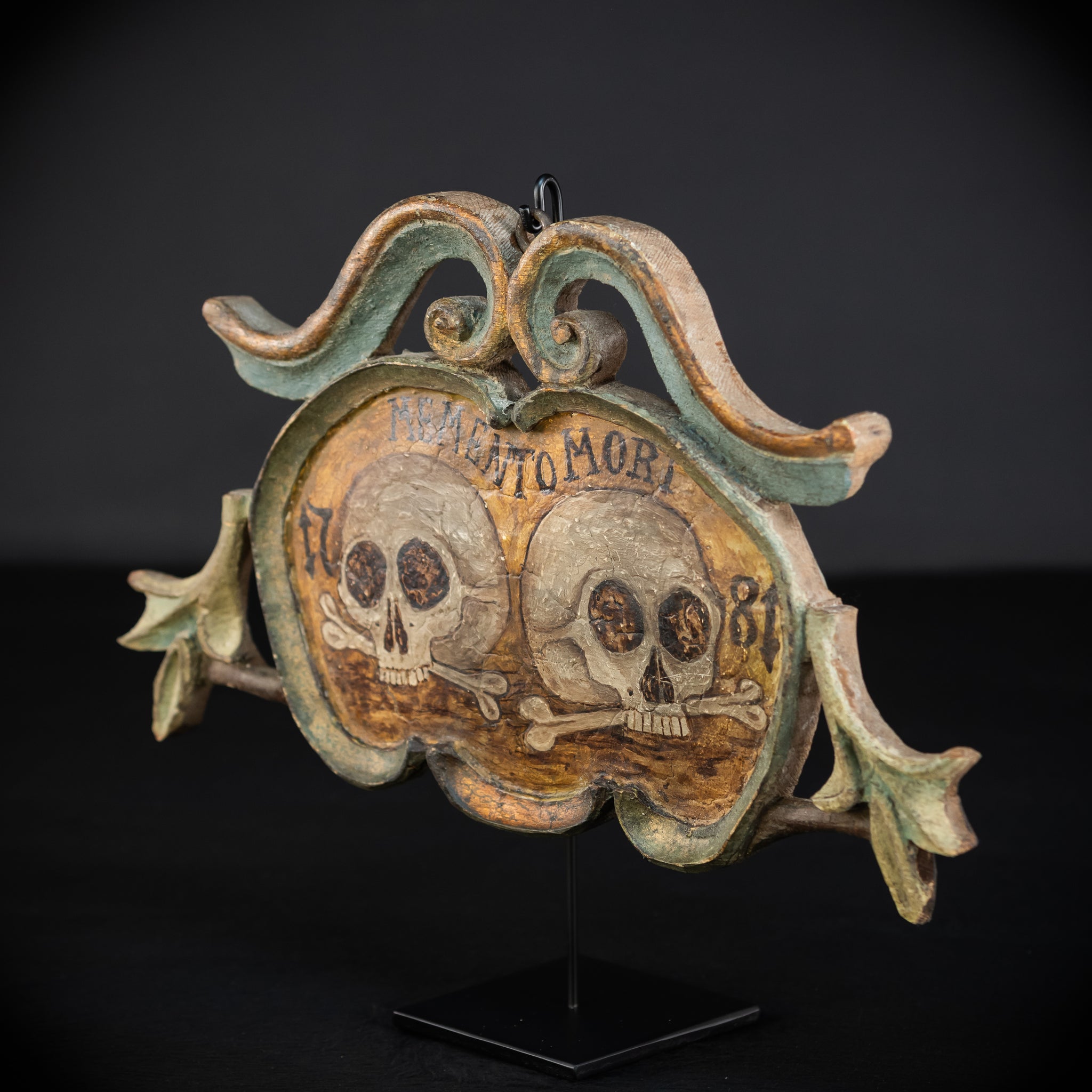 Memento Mori | French 1700s Wood Carved Painted Plaque 16.9" / 43 cm