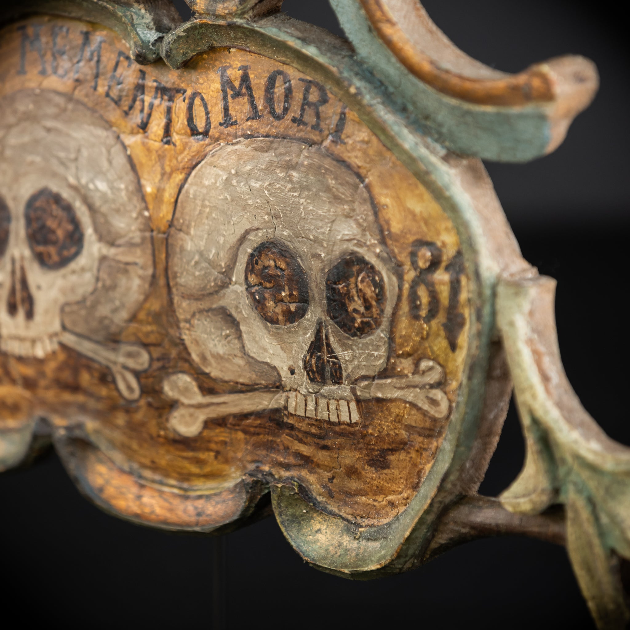 Memento Mori | French 1700s Wood Carved Painted Plaque 16.9" / 43 cm