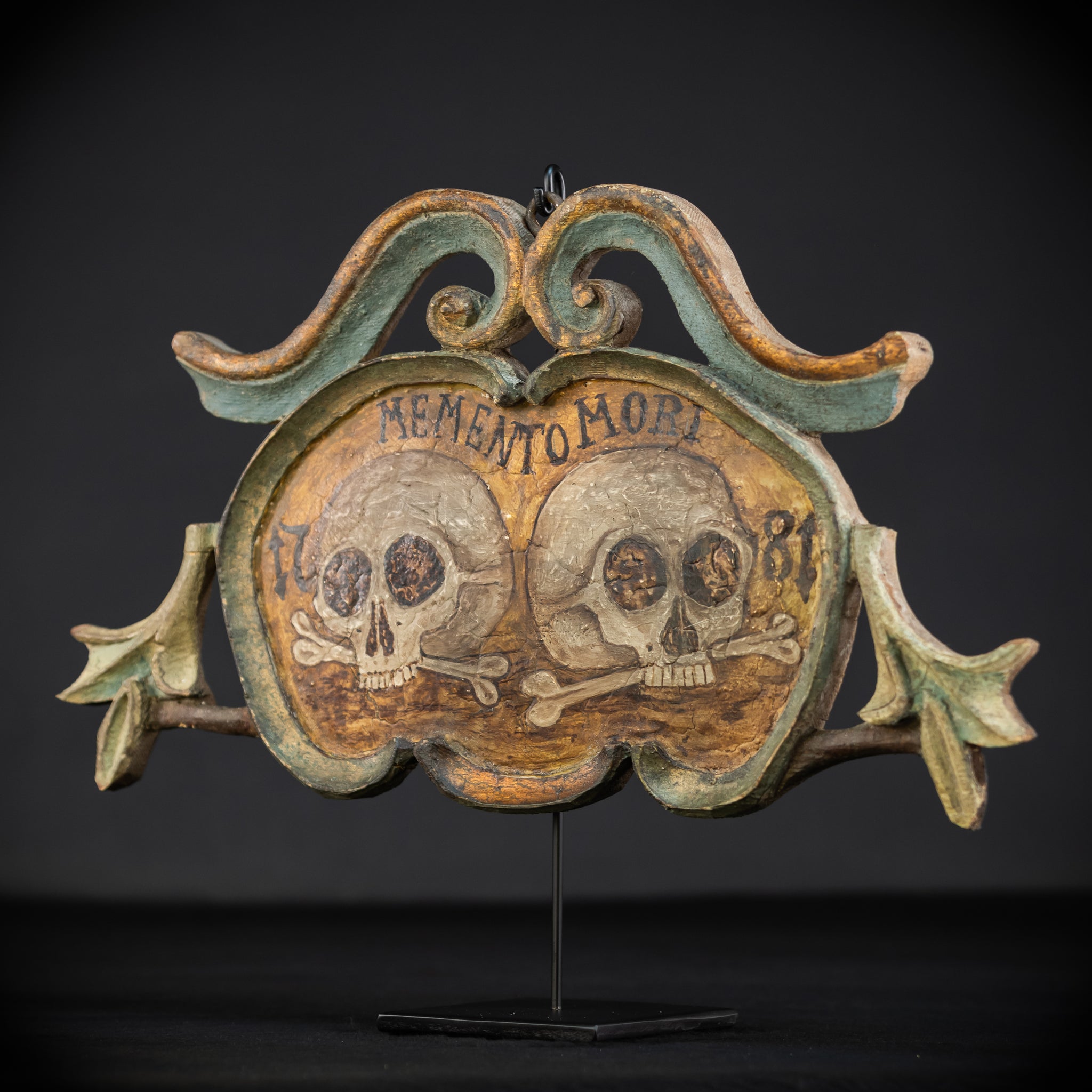 Memento Mori | French 1700s Wood Carved Painted Plaque 16.9" / 43 cm