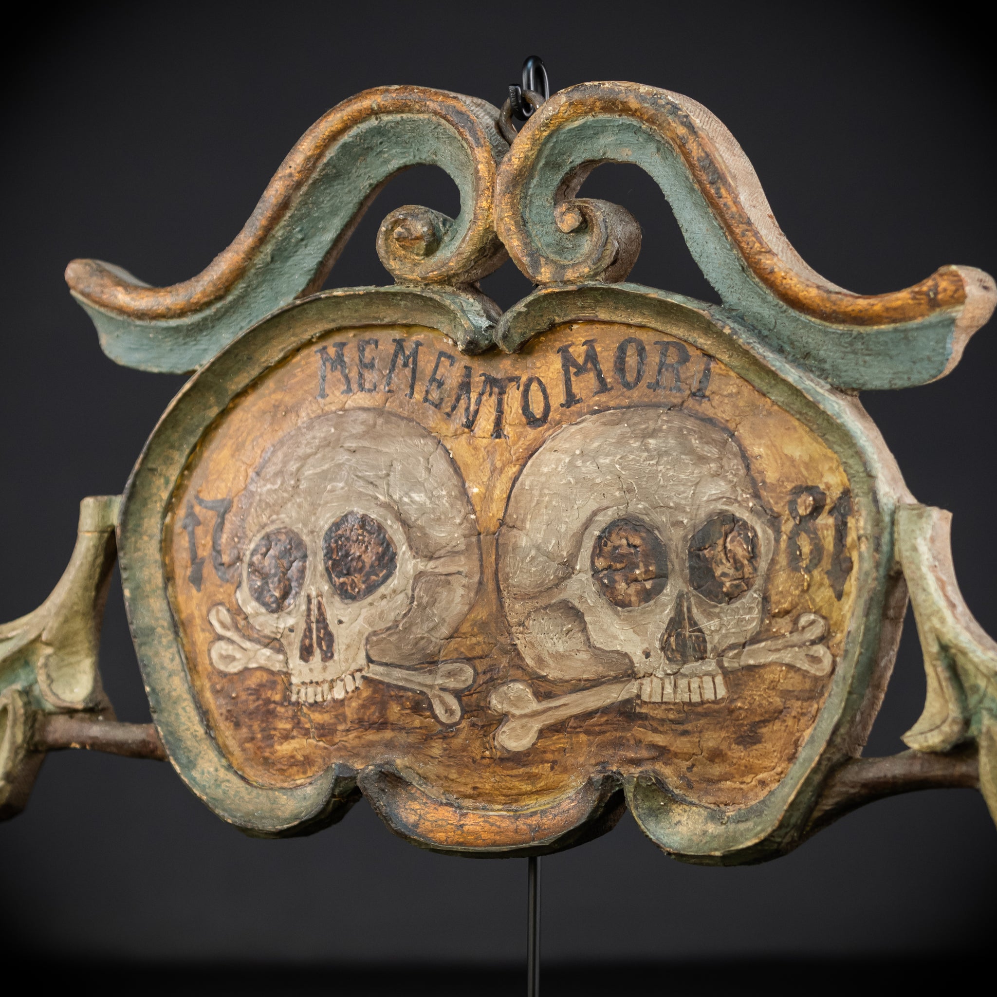 Memento Mori | French 1700s Wood Carved Painted Plaque 16.9" / 43 cm
