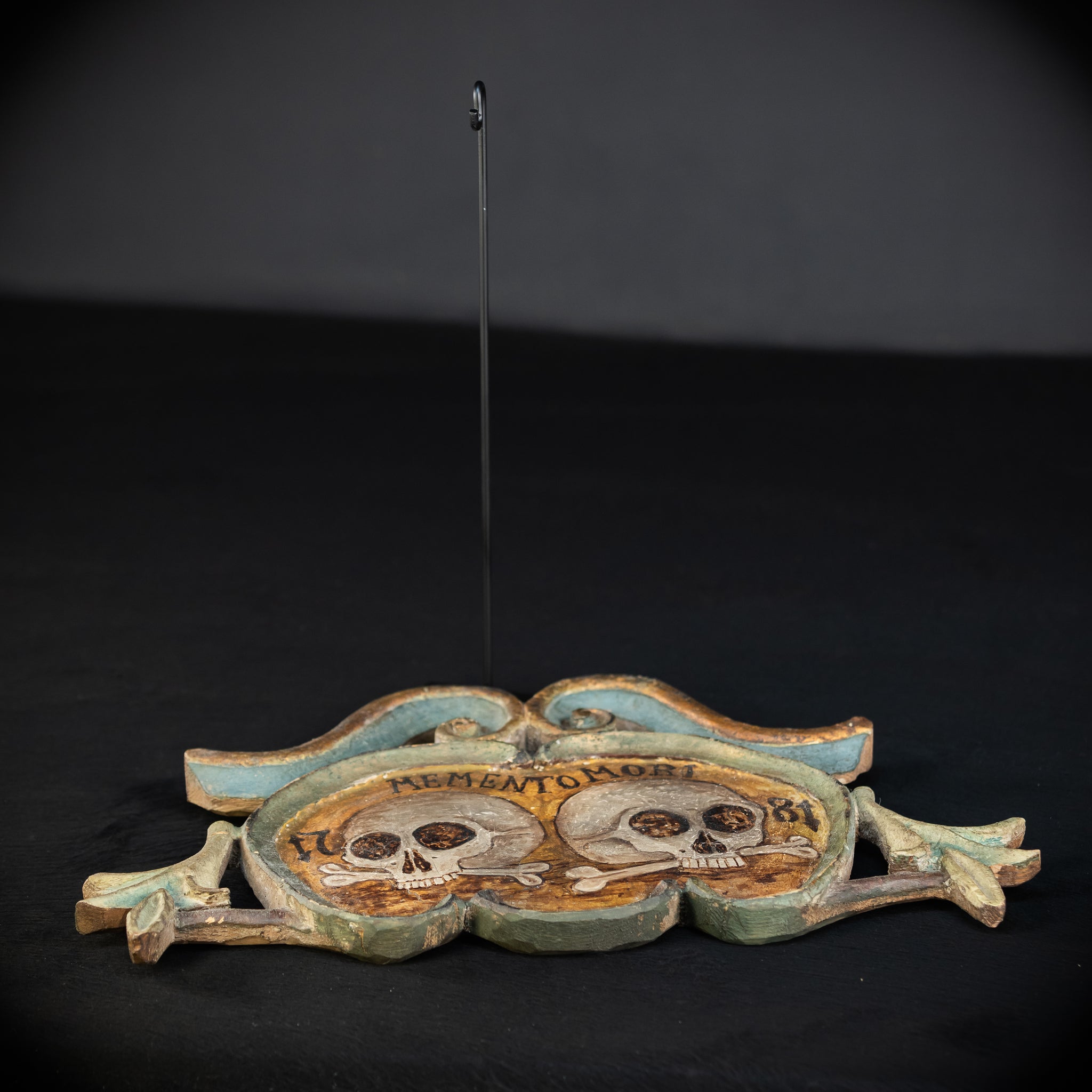 Memento Mori | French 1700s Wood Carved Painted Plaque 16.9" / 43 cm