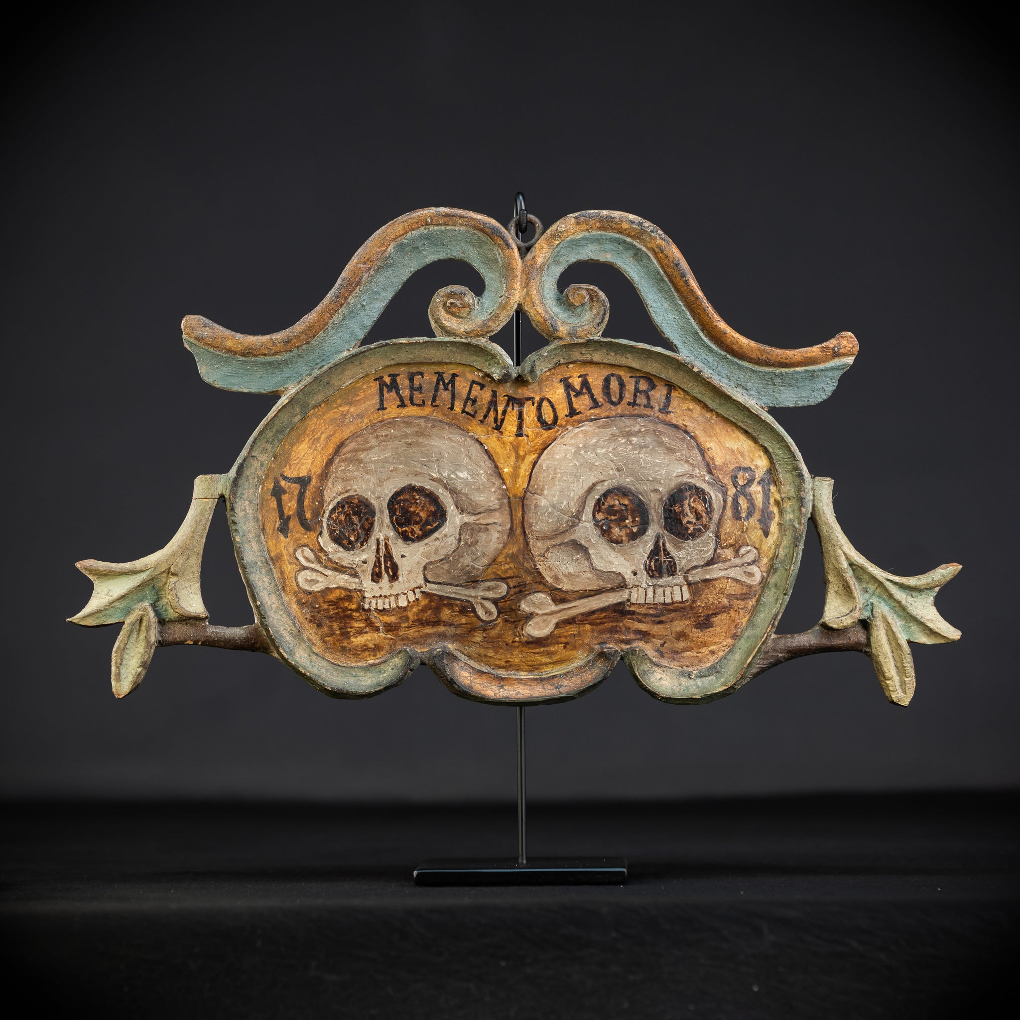 Memento Mori | French 1700s Wood Carved Painted Plaque 16.9" / 43 cm