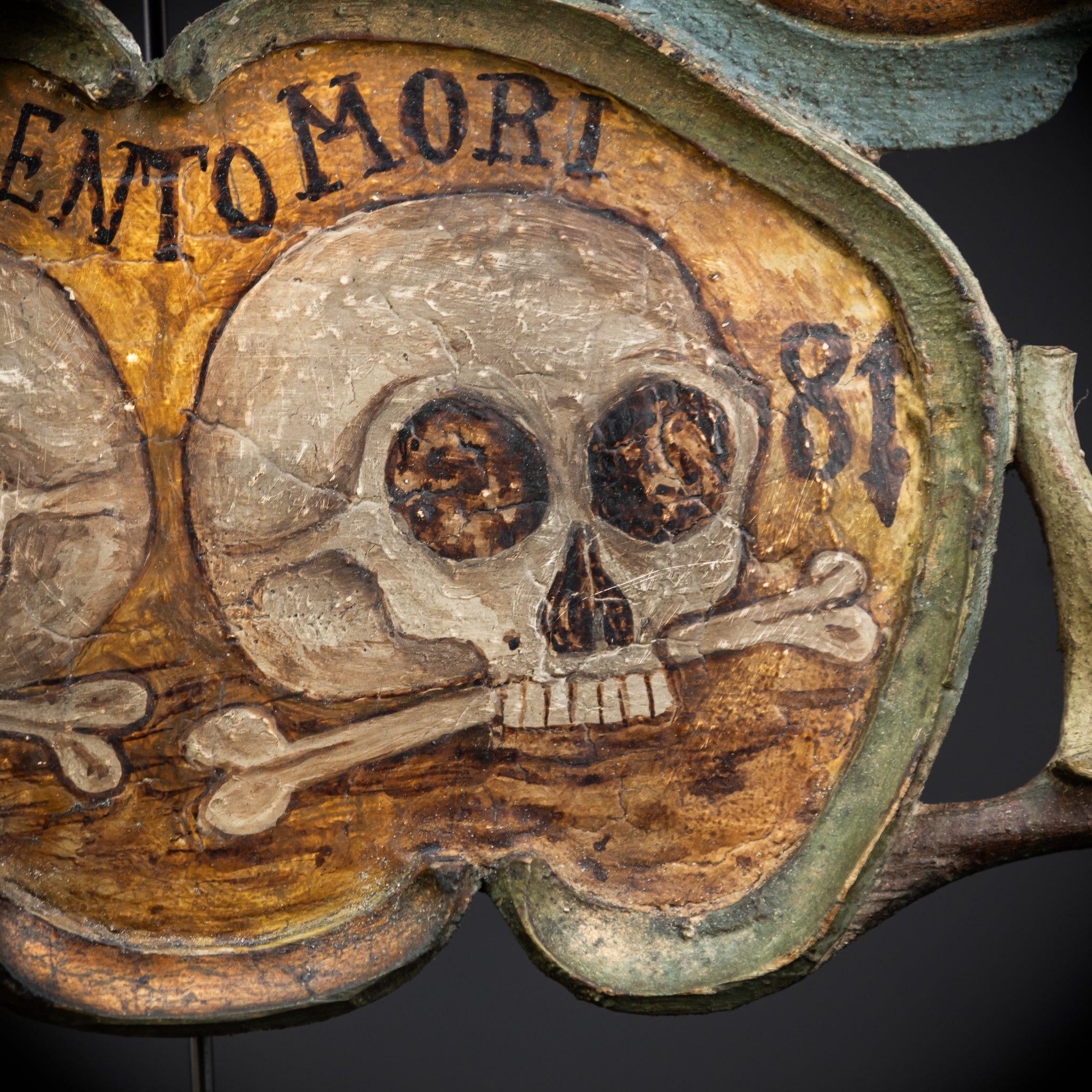 Memento Mori | French 1700s Wood Carved Painted Plaque 16.9" / 43 cm