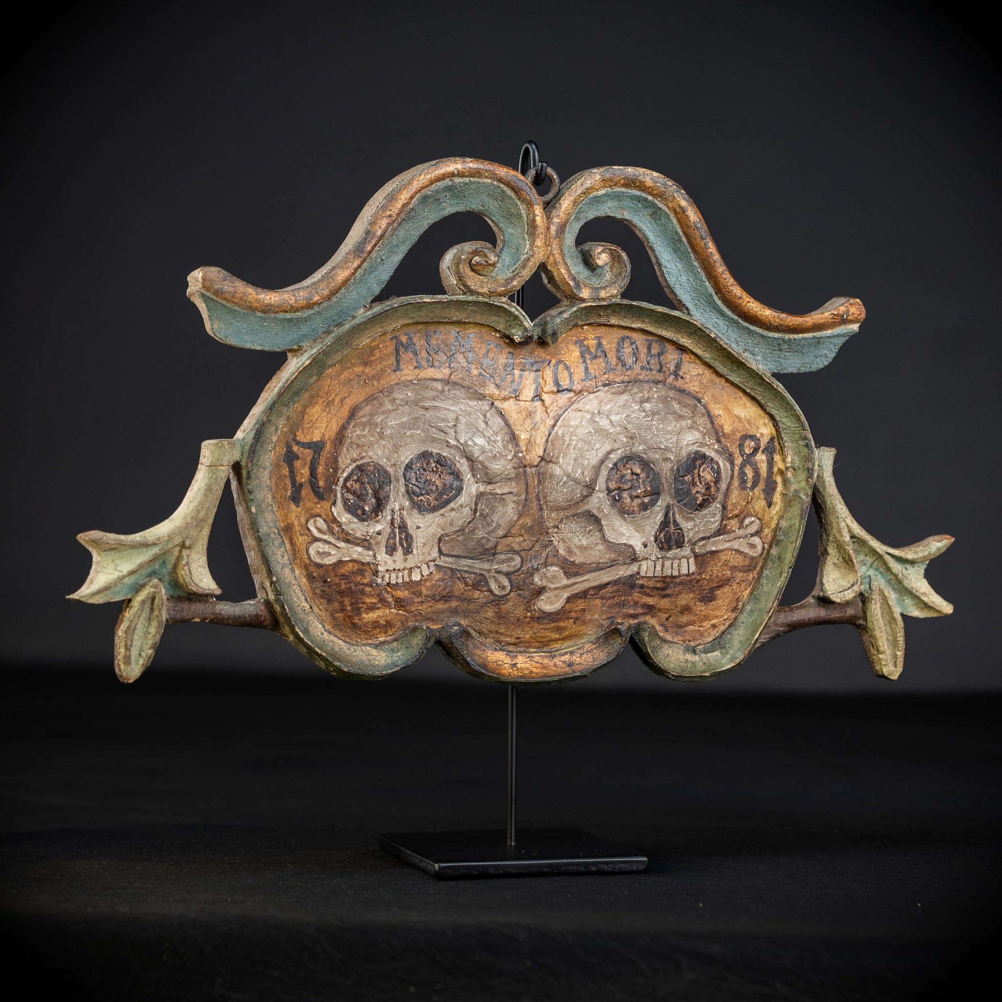 Memento Mori | French 1700s Wood Carved Painted Plaque 16.9" / 43 cm