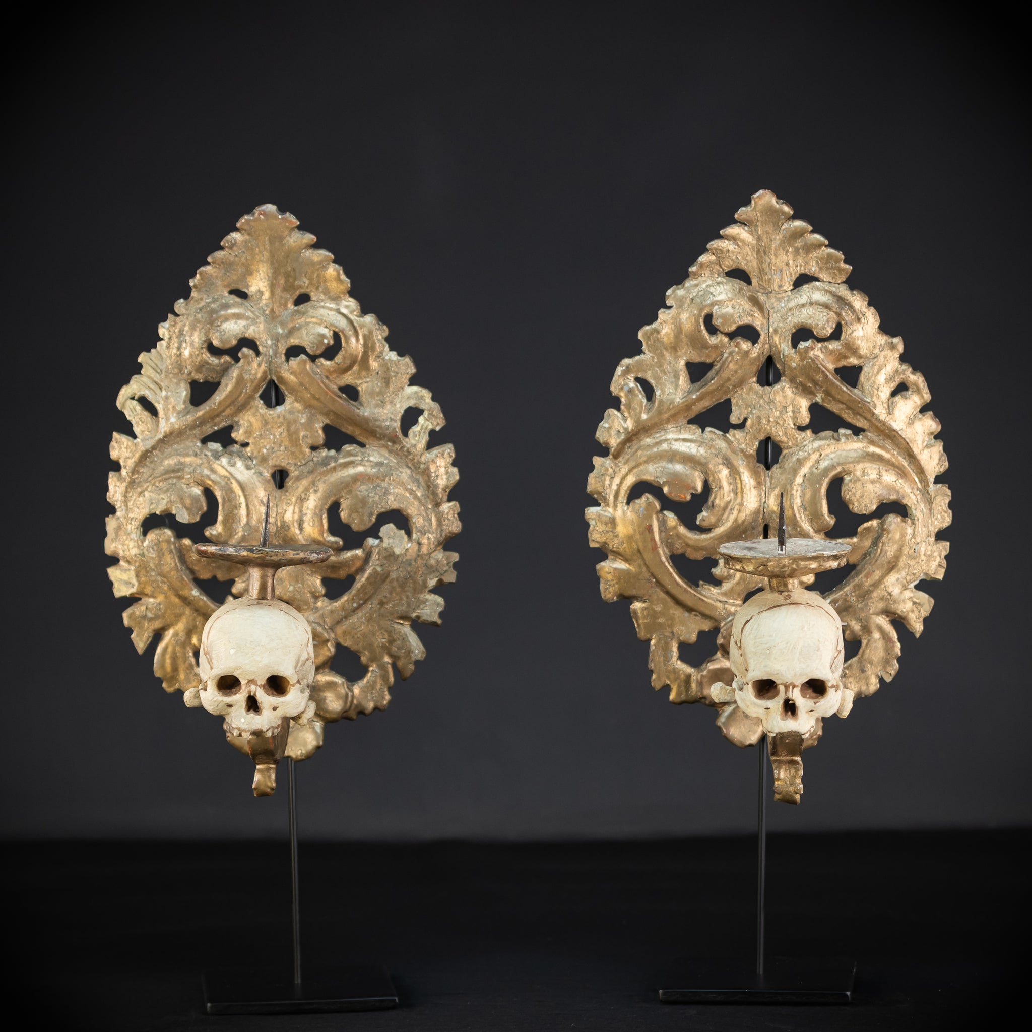 Pair Memento Mori Wall Candleholders 18th C | 15.2”