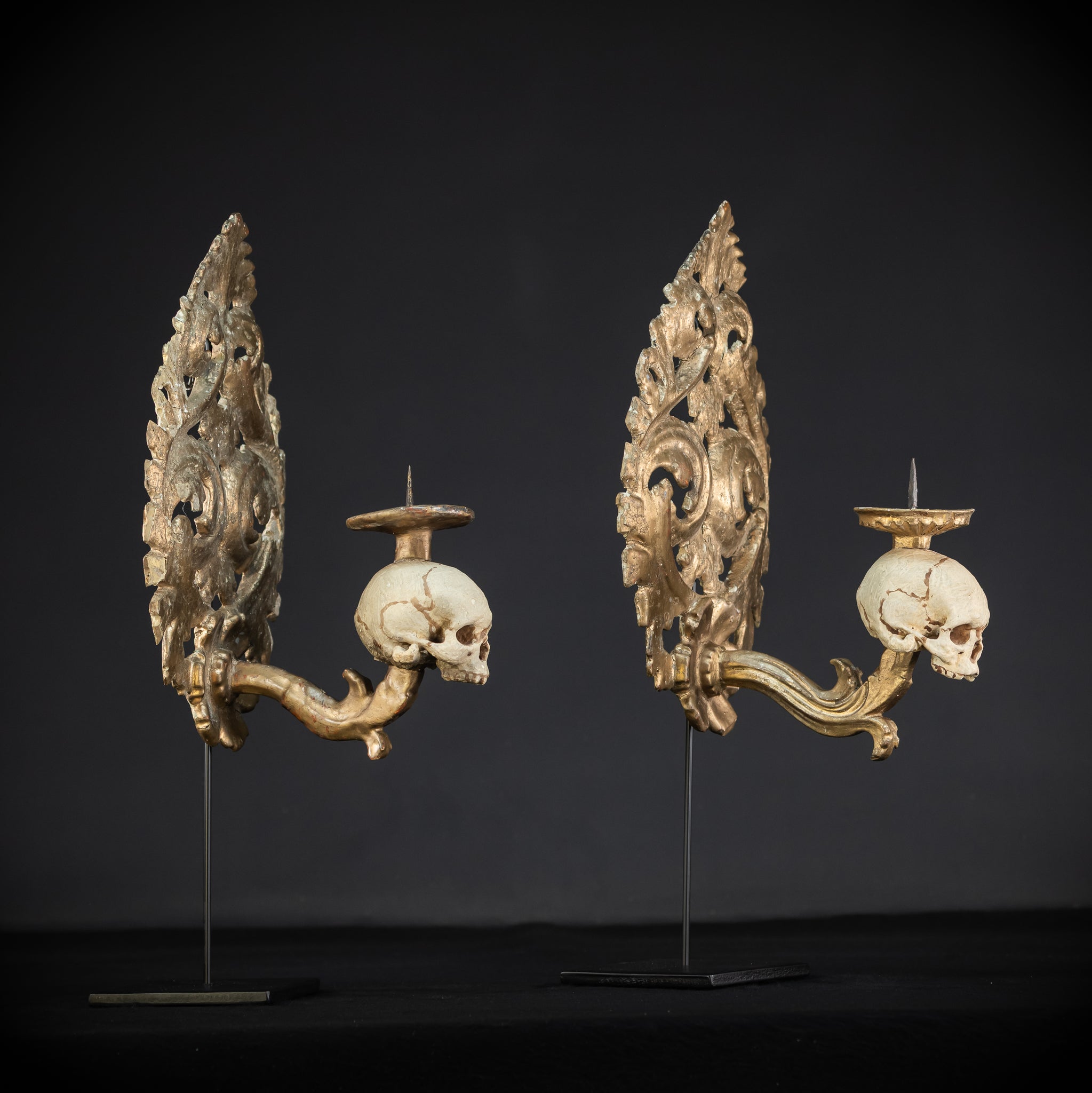 Pair Memento Mori Wall Candleholders 18th C | 15.2”