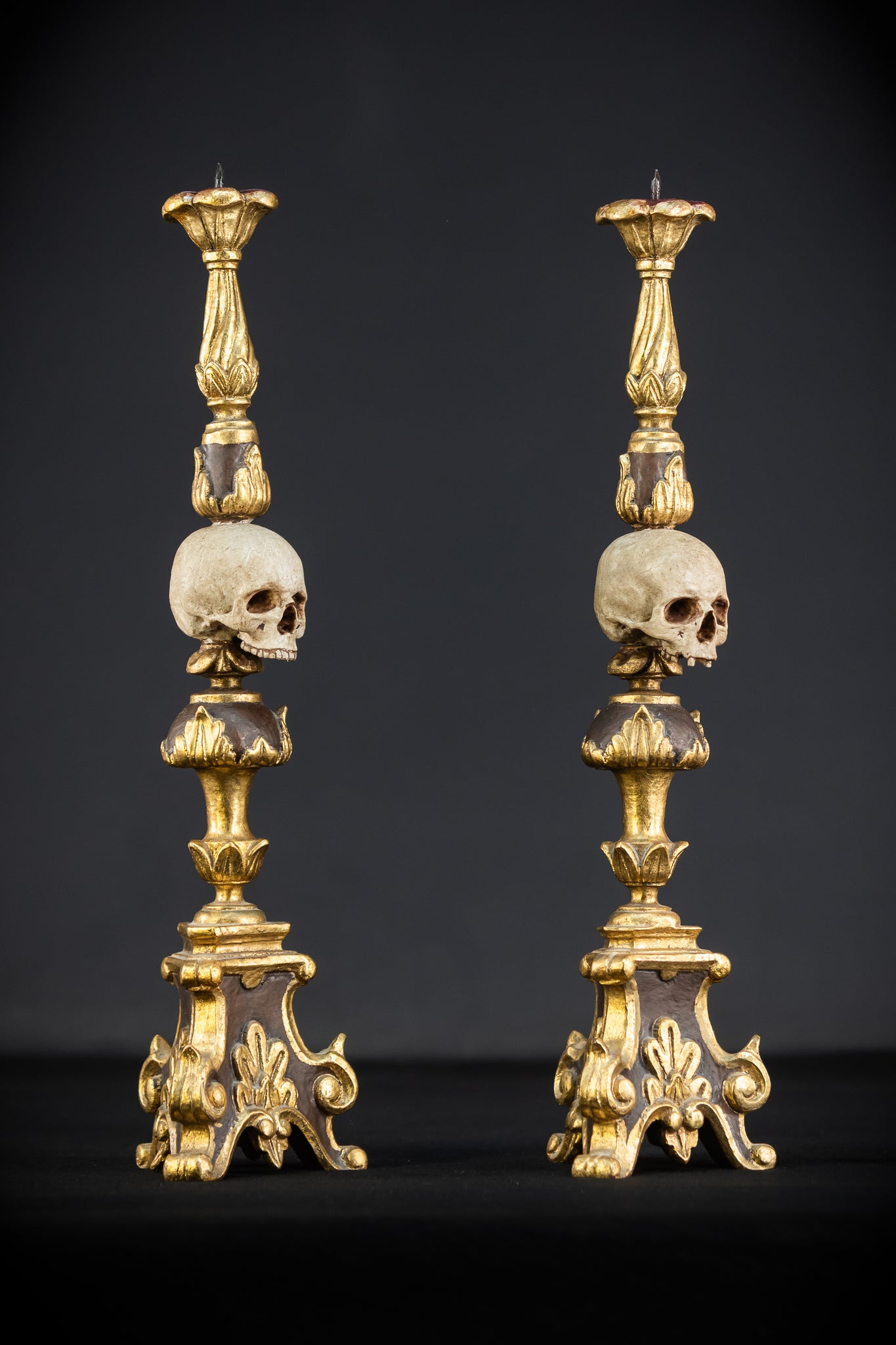 Pair Memento Mori Candlesticks | 1800s Carved Wood | 16.3”