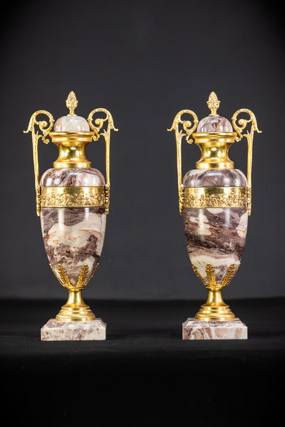 Pair of Urns / Cassolettes Marble and Gilt Bronze | 1800s Antique | 14.2" / 36 cm