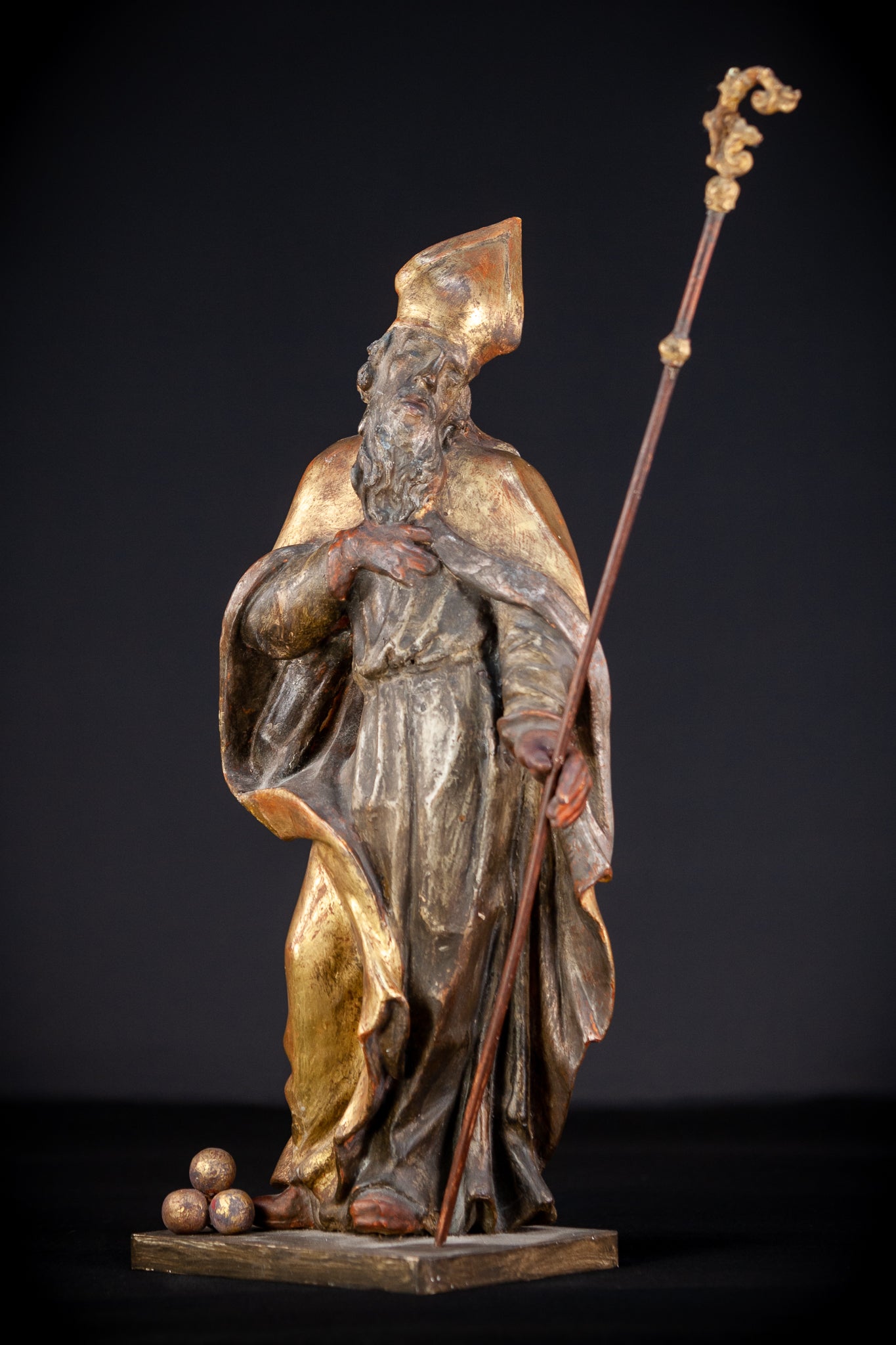 Saint Nicholas of Myra Wooden Sculpture | 1700s Antique 18.9”/ 48 cm