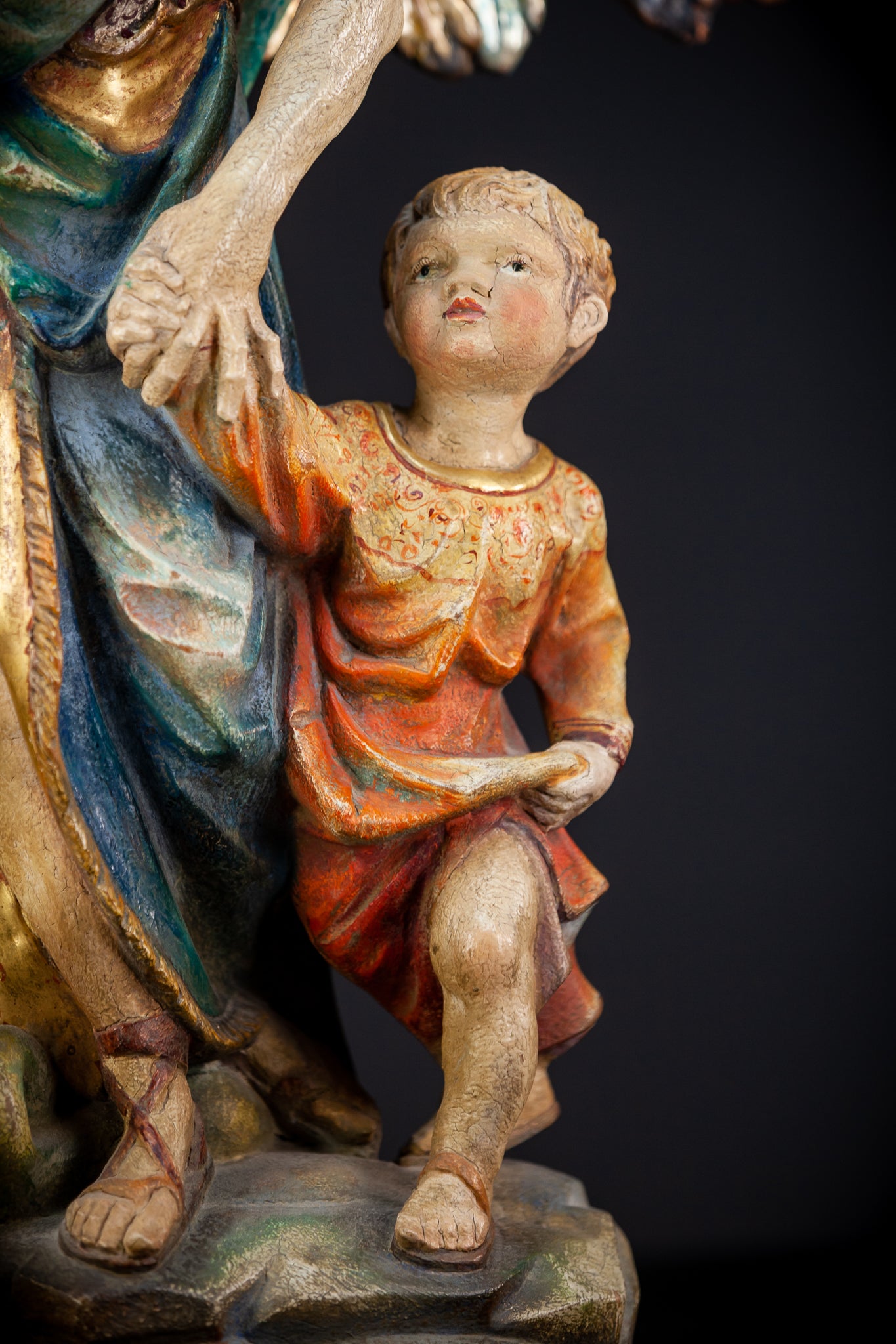 St Raphael The Archangel with Tobias Wood Carving | Antique early 1900s | 23.6” / 60 cm