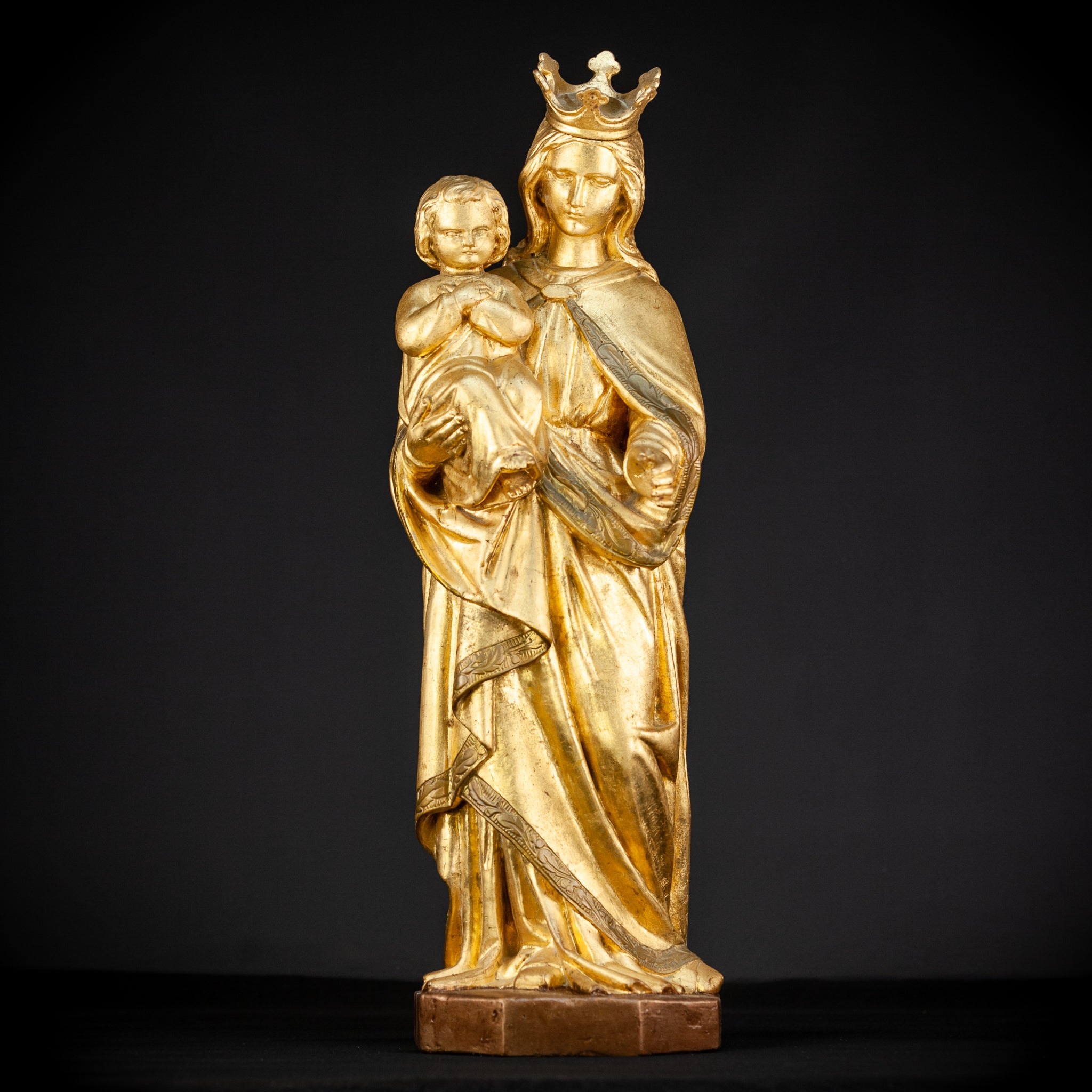 Virgin Mary with Child Jesus Gilded Wooden Sculpture | 1800s Antique | 27.2”/ 69 cm