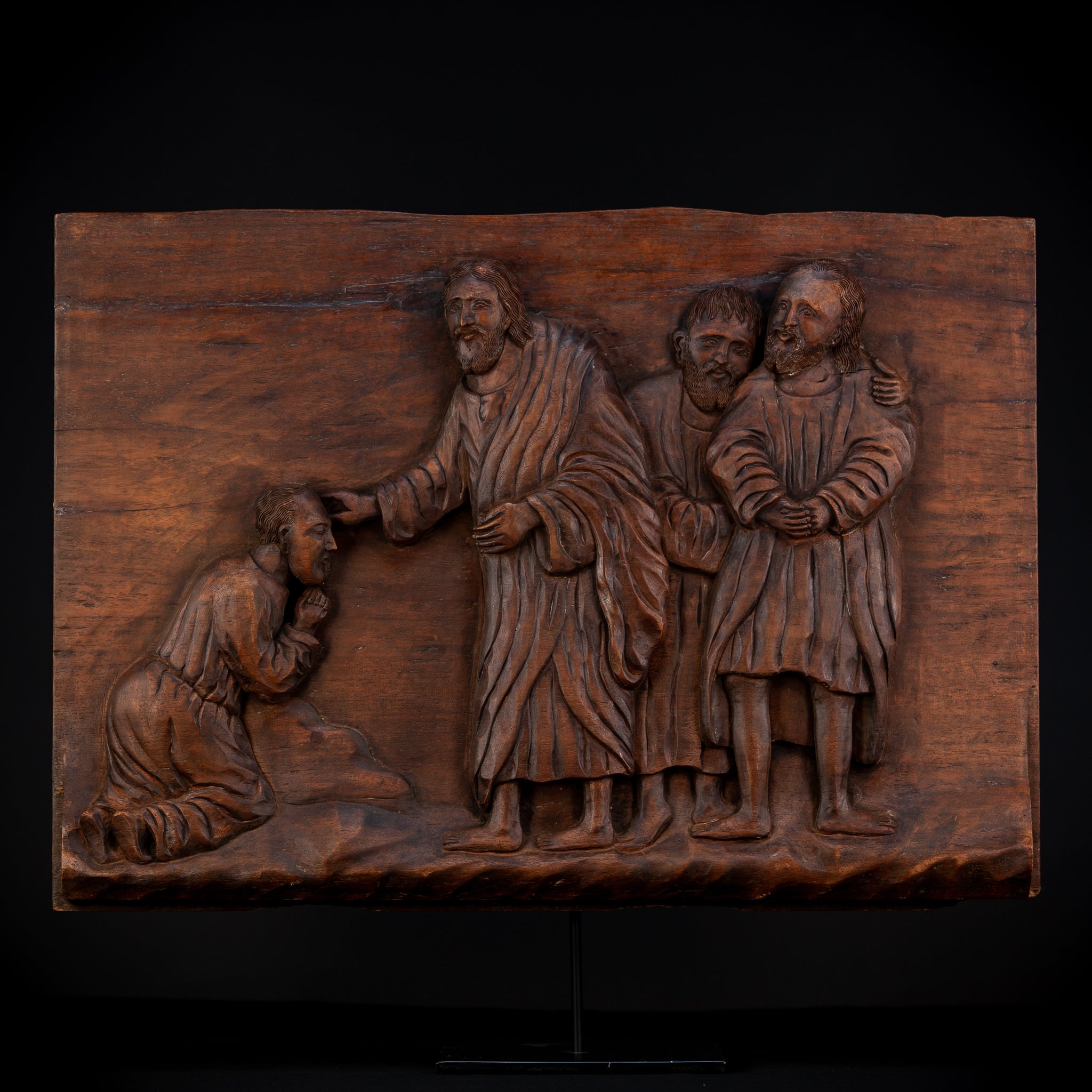 Jesus Blessing The Blind Beggar | Wood Carving | 1700s Antique | 27.6" / 70 cm