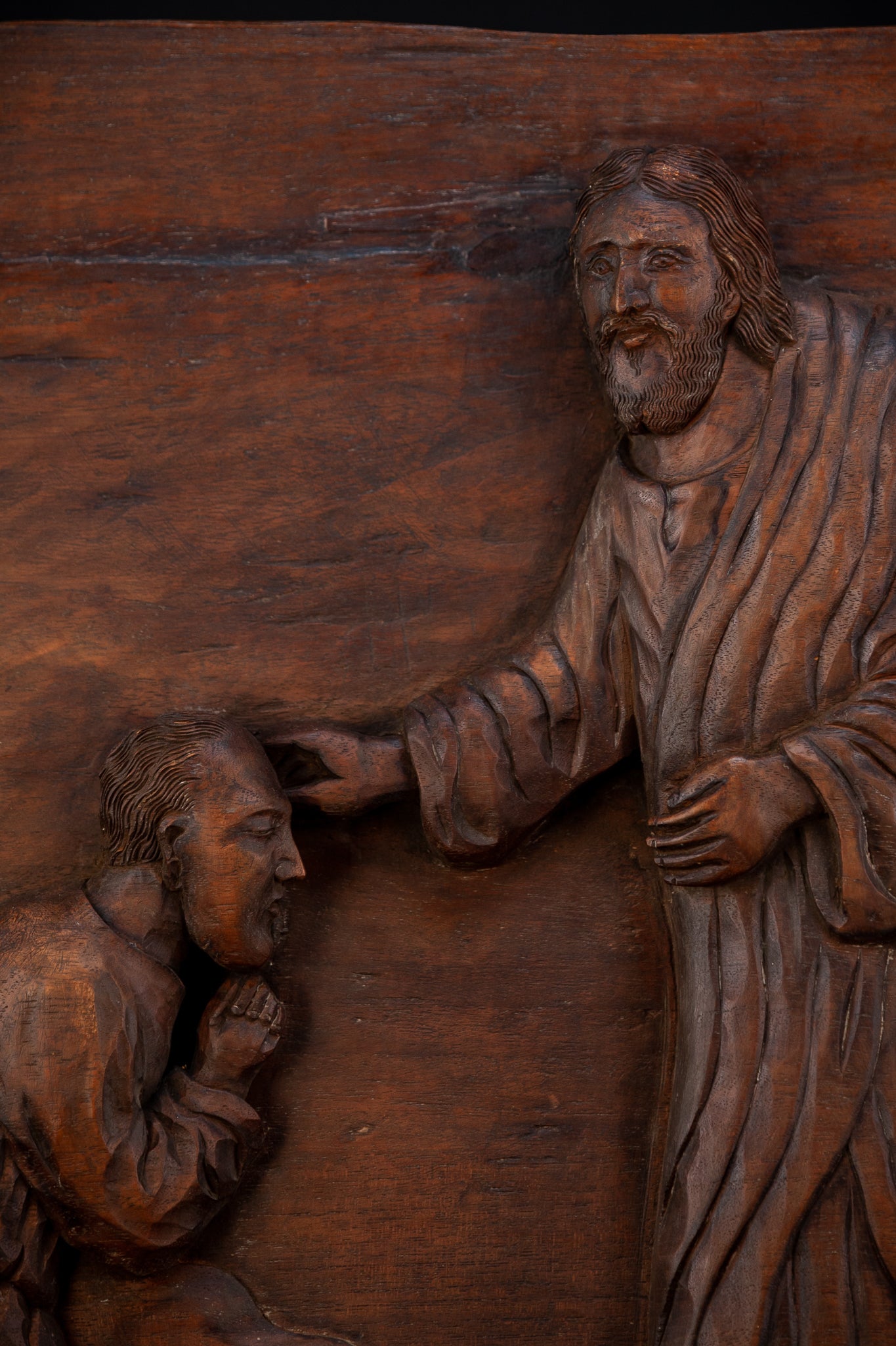 Jesus Blessing The Blind Beggar | Wood Carving | 1700s Antique | 27.6" / 70 cm