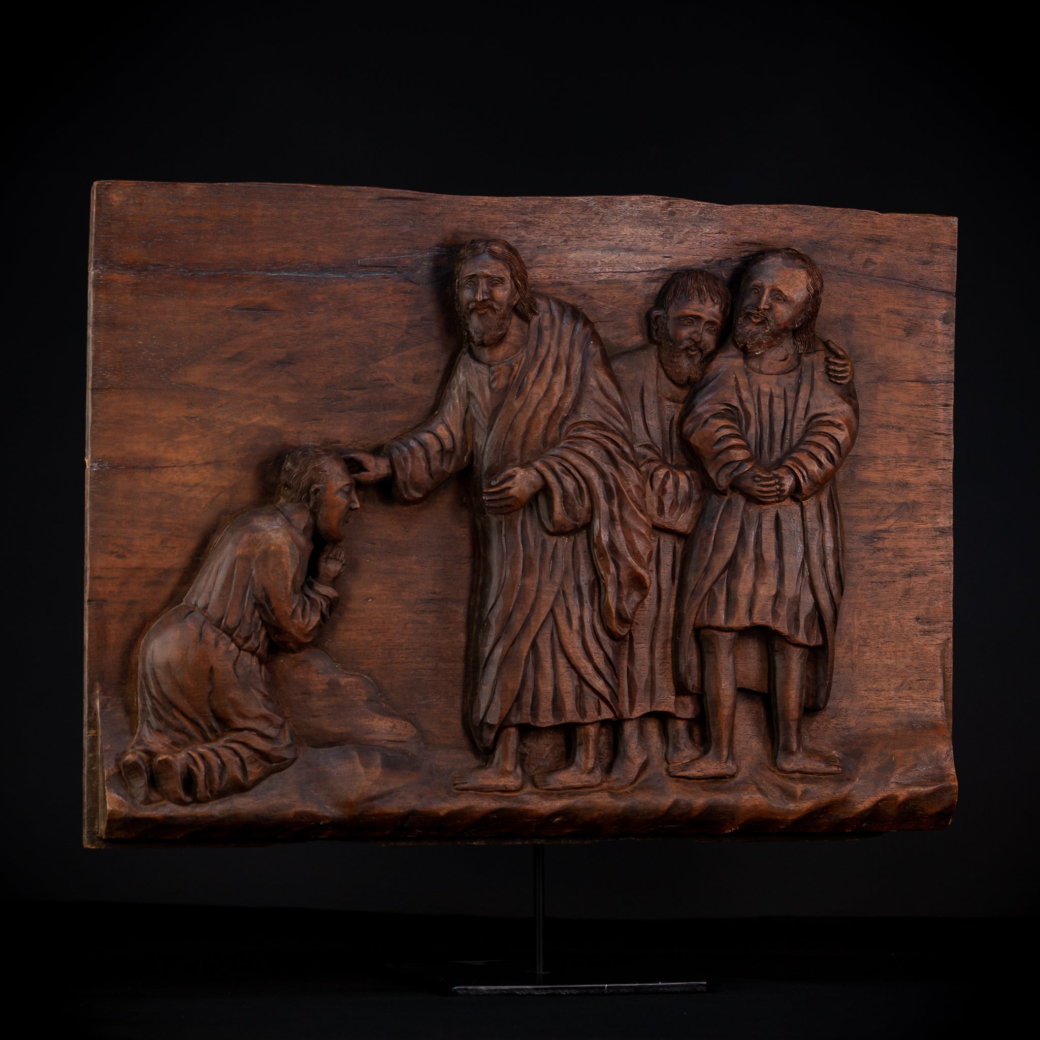 Jesus Blessing The Blind Beggar | Wood Carving | 1700s Antique | 27.6" / 70 cm