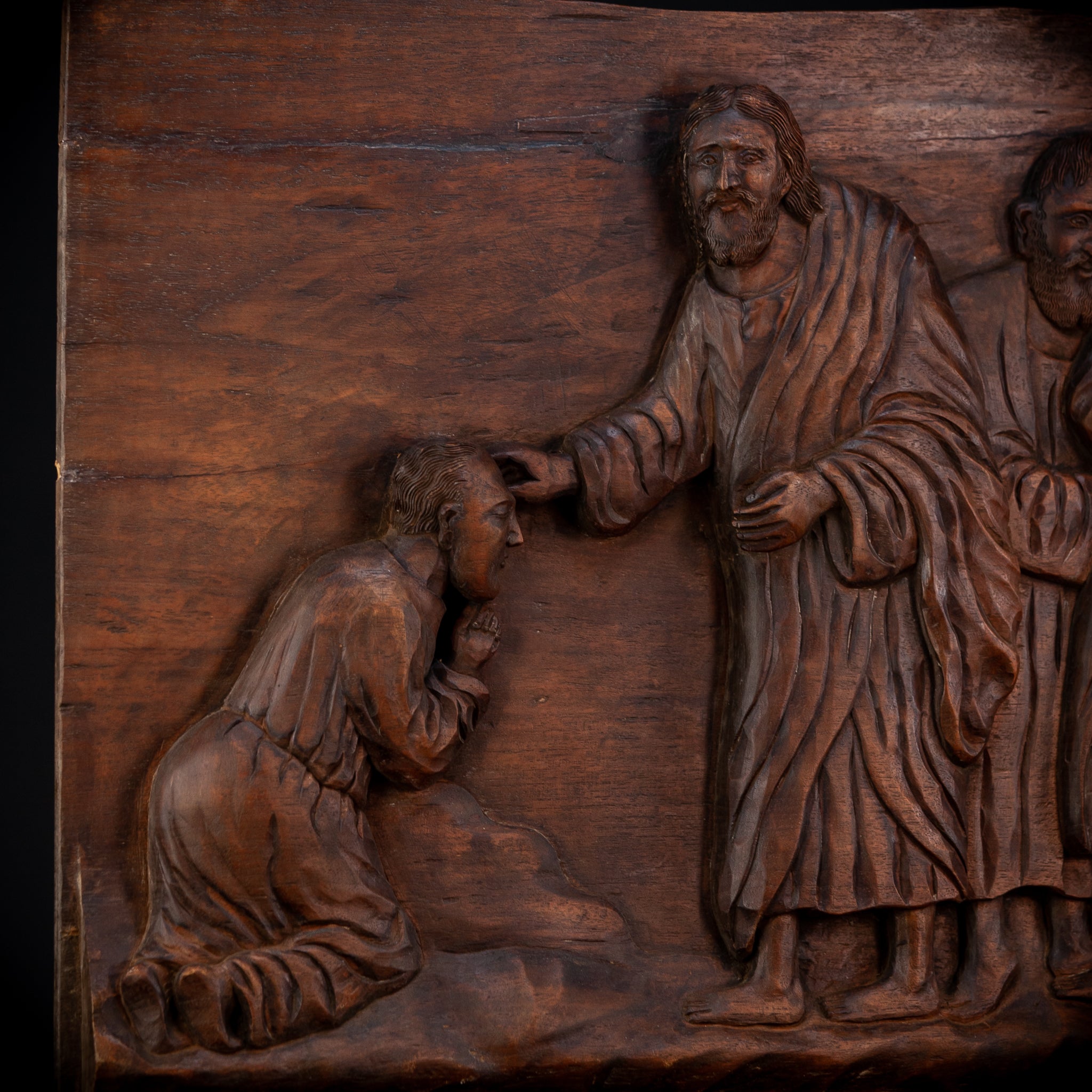 Jesus Blessing The Blind Beggar | Wood Carving | 1700s Antique | 27.6" / 70 cm