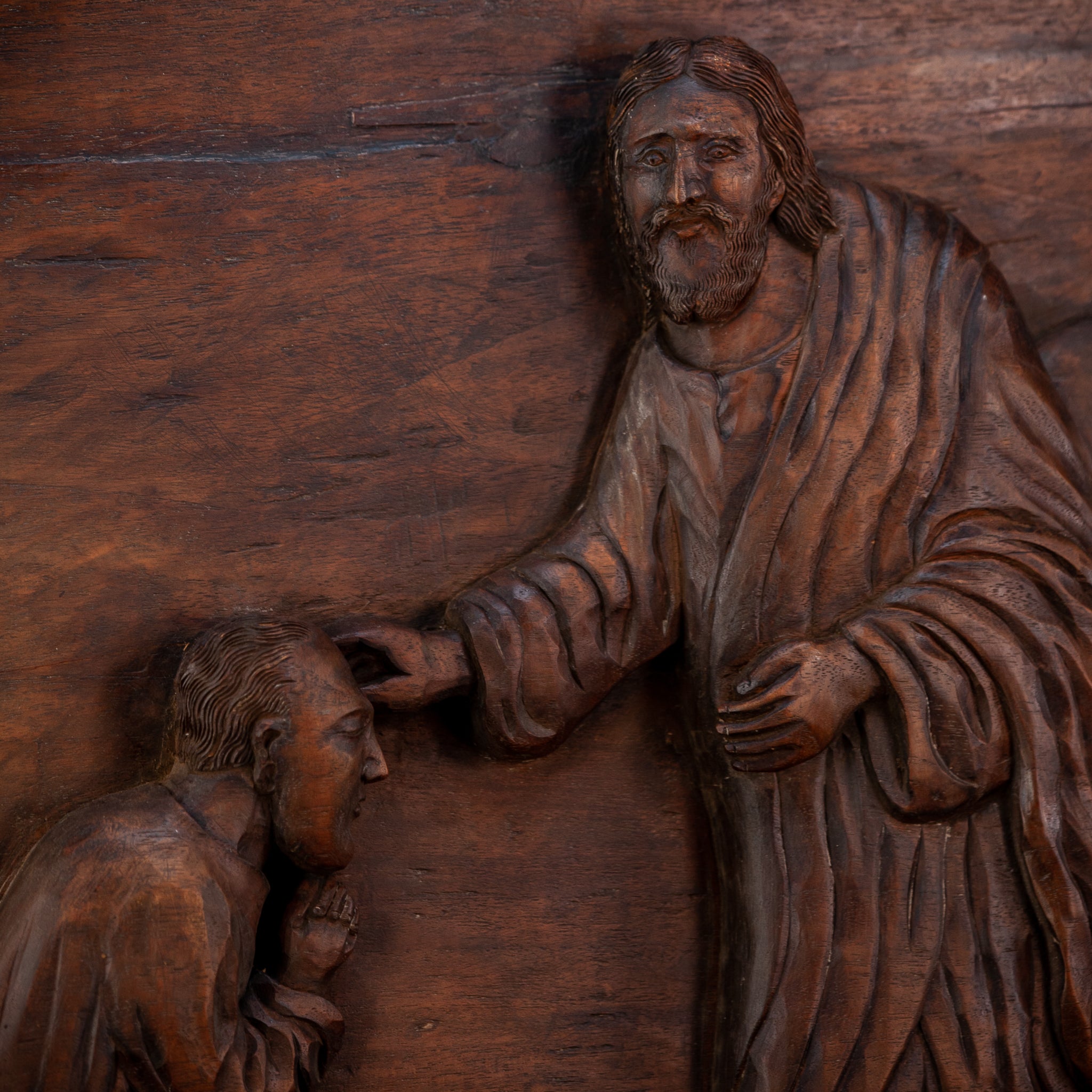 Jesus Blessing The Blind Beggar | Wood Carving | 1700s Antique | 27.6" / 70 cm