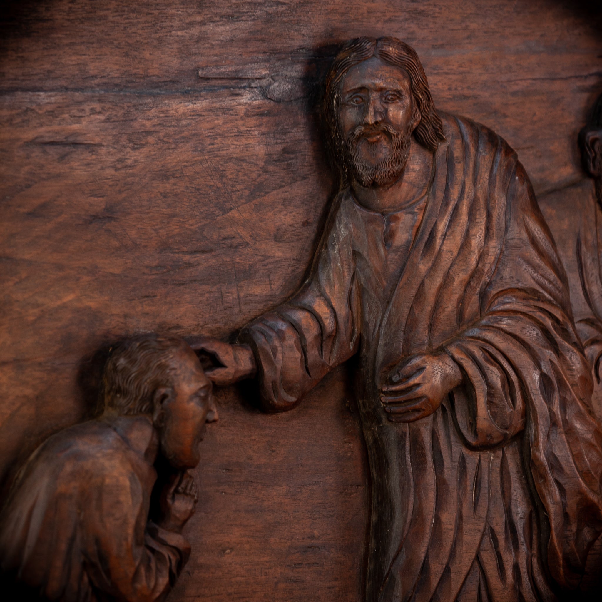 Jesus Blessing The Blind Beggar | Wood Carving | 1700s Antique | 27.6" / 70 cm