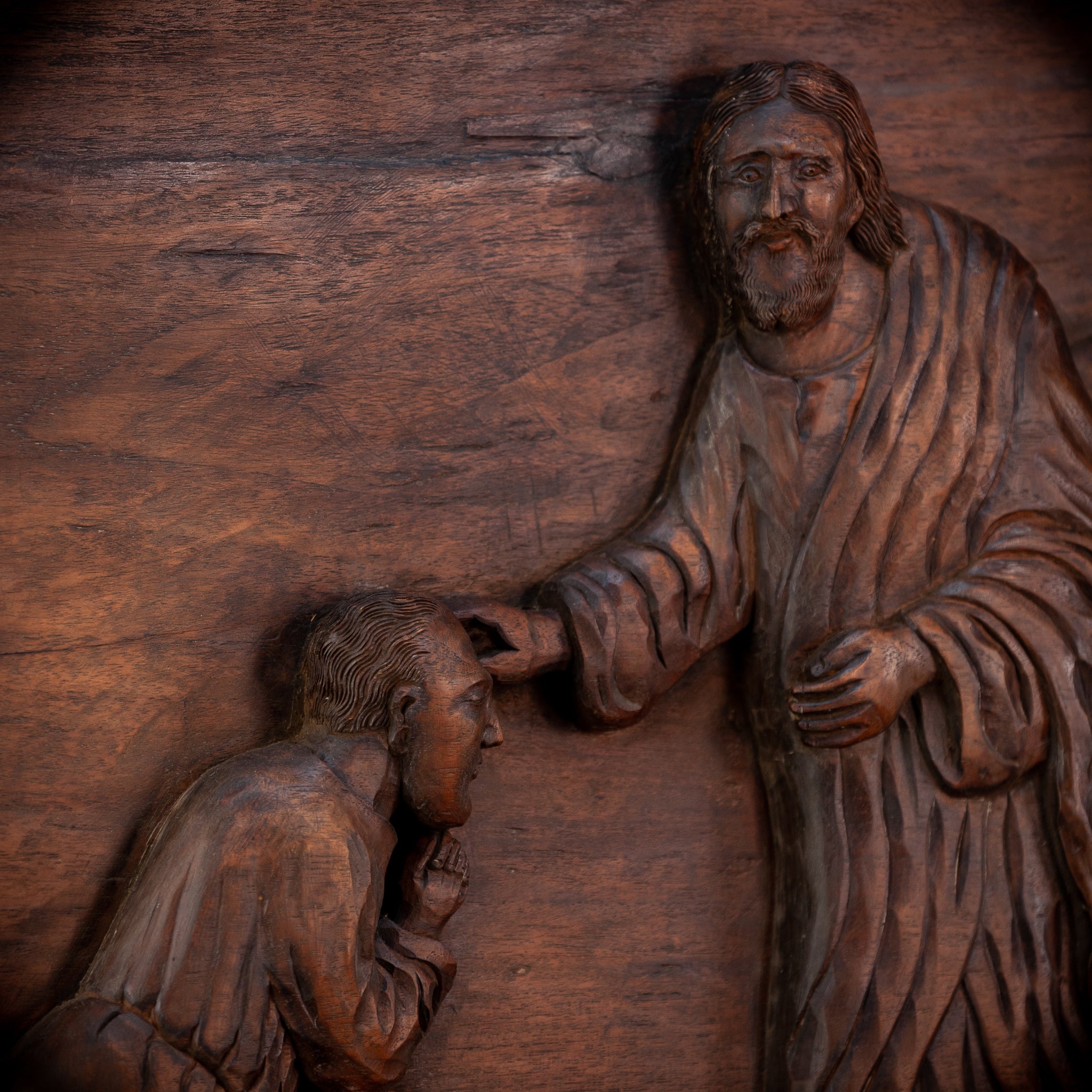 Jesus Blessing The Blind Beggar | Wood Carving | 1700s Antique | 27.6" / 70 cm