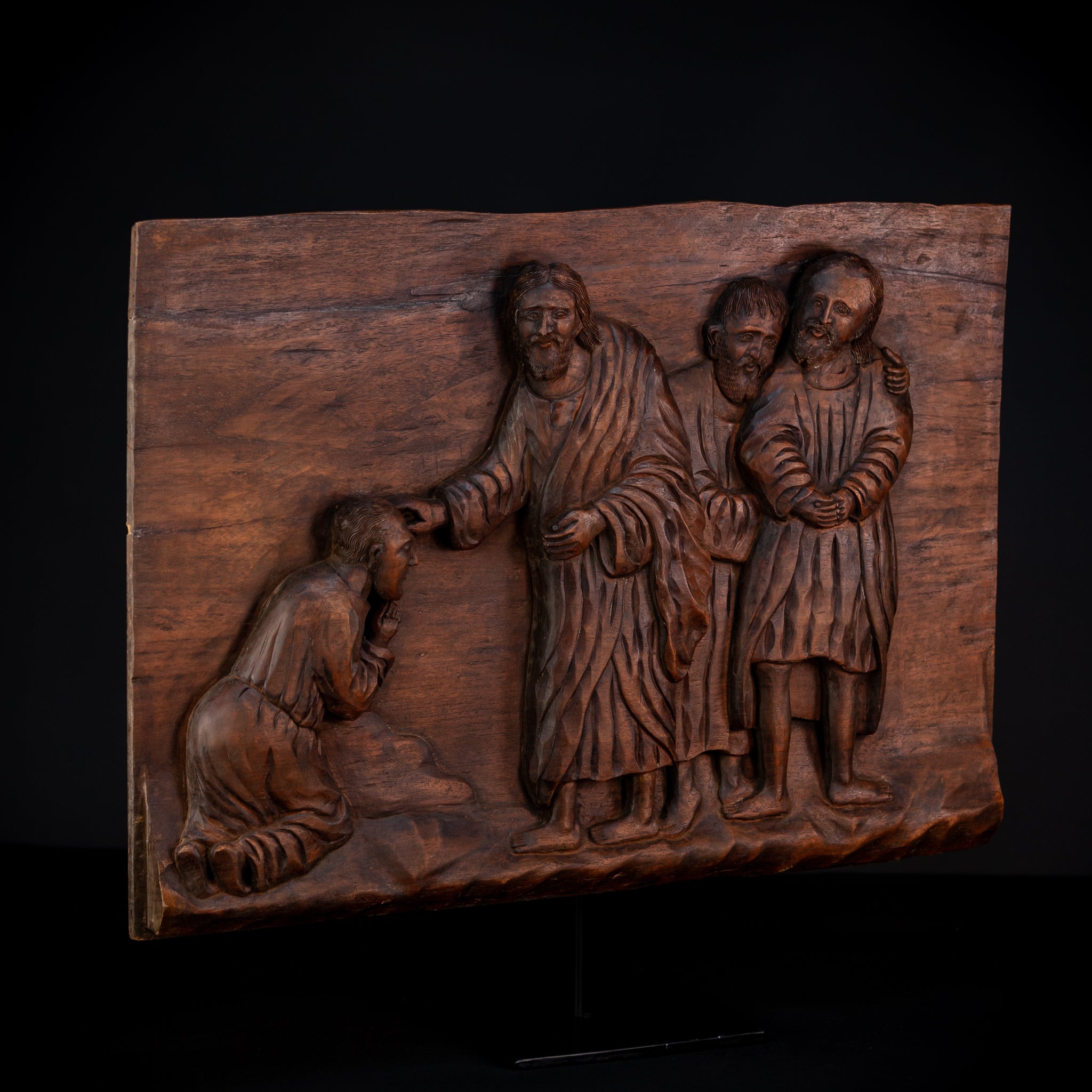 Jesus Blessing The Blind Beggar | Wood Carving | 1700s Antique | 27.6" / 70 cm