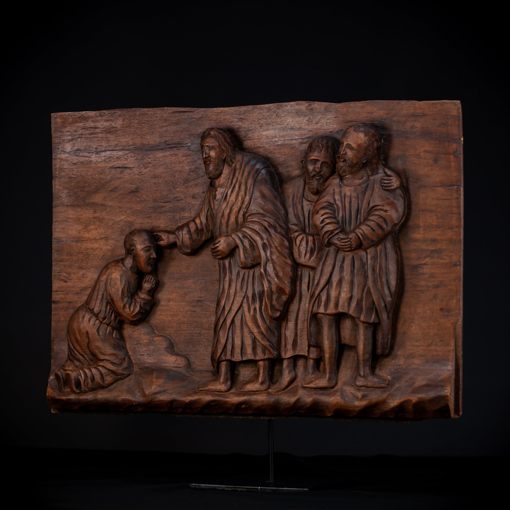 Jesus Blessing The Blind Beggar | Wood Carving | 1700s Antique | 27.6" / 70 cm