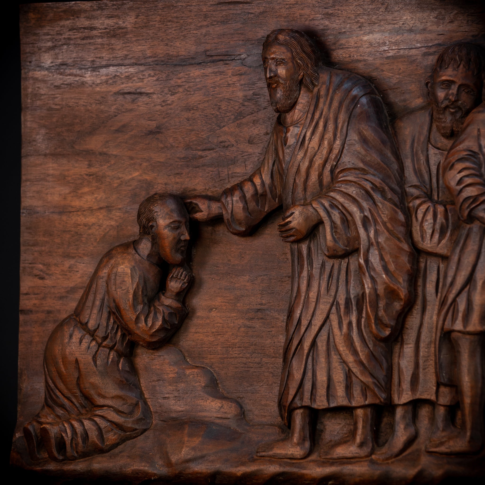 Jesus Blessing The Blind Beggar | Wood Carving | 1700s Antique | 27.6" / 70 cm