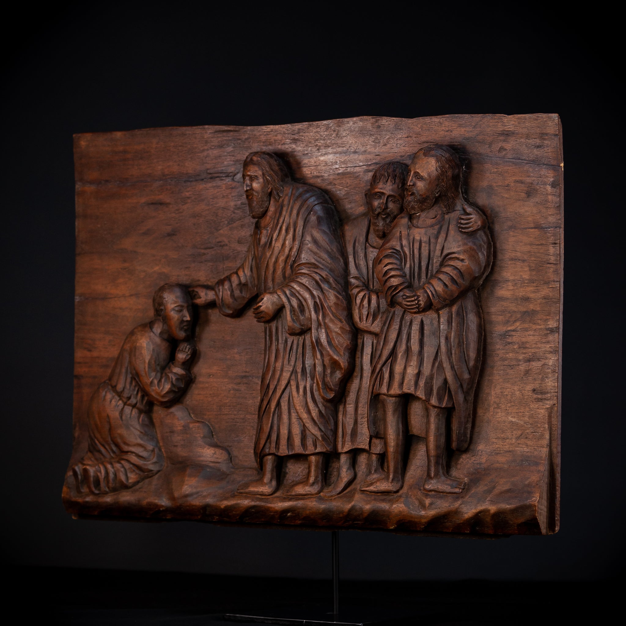 Jesus Blessing The Blind Beggar | Wood Carving | 1700s Antique | 27.6" / 70 cm