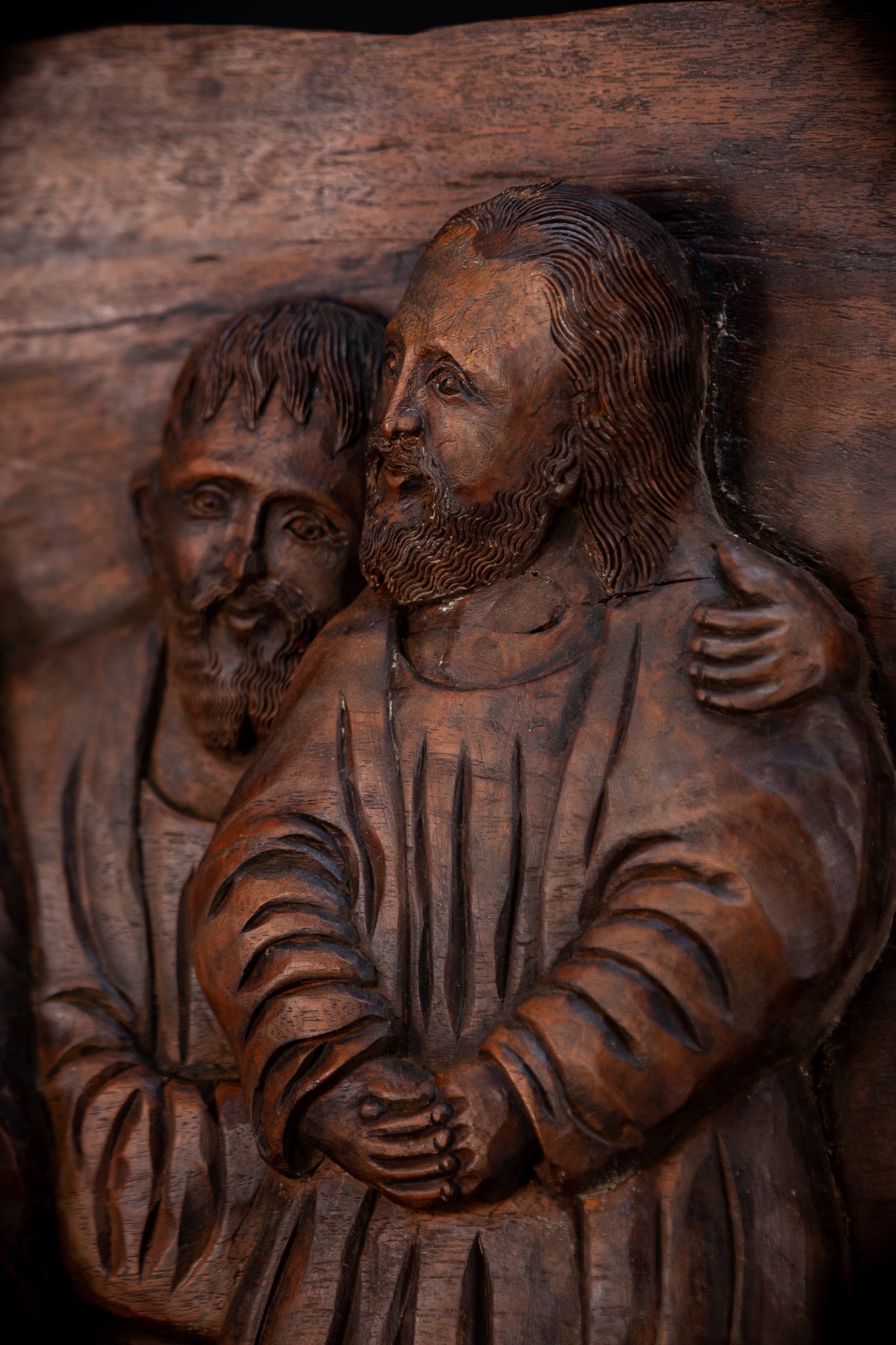 Jesus Blessing The Blind Beggar | Wood Carving | 1700s Antique | 27.6" / 70 cm