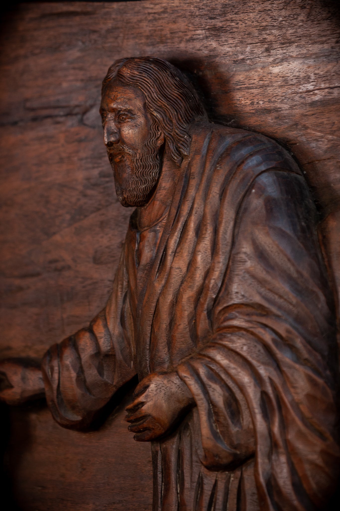 Jesus Blessing The Blind Beggar | Wood Carving | 1700s Antique | 27.6" / 70 cm