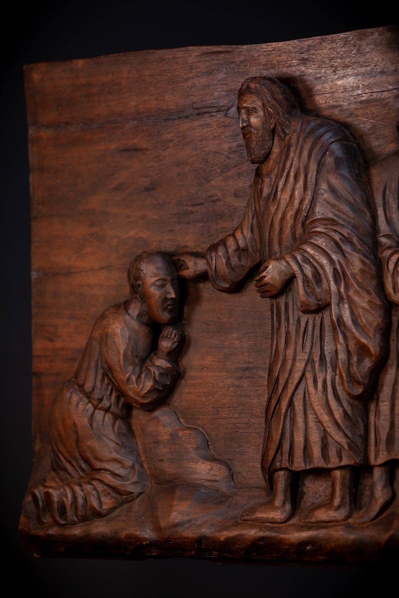 Jesus Blessing The Blind Beggar | Wood Carving | 1700s Antique | 27.6" / 70 cm