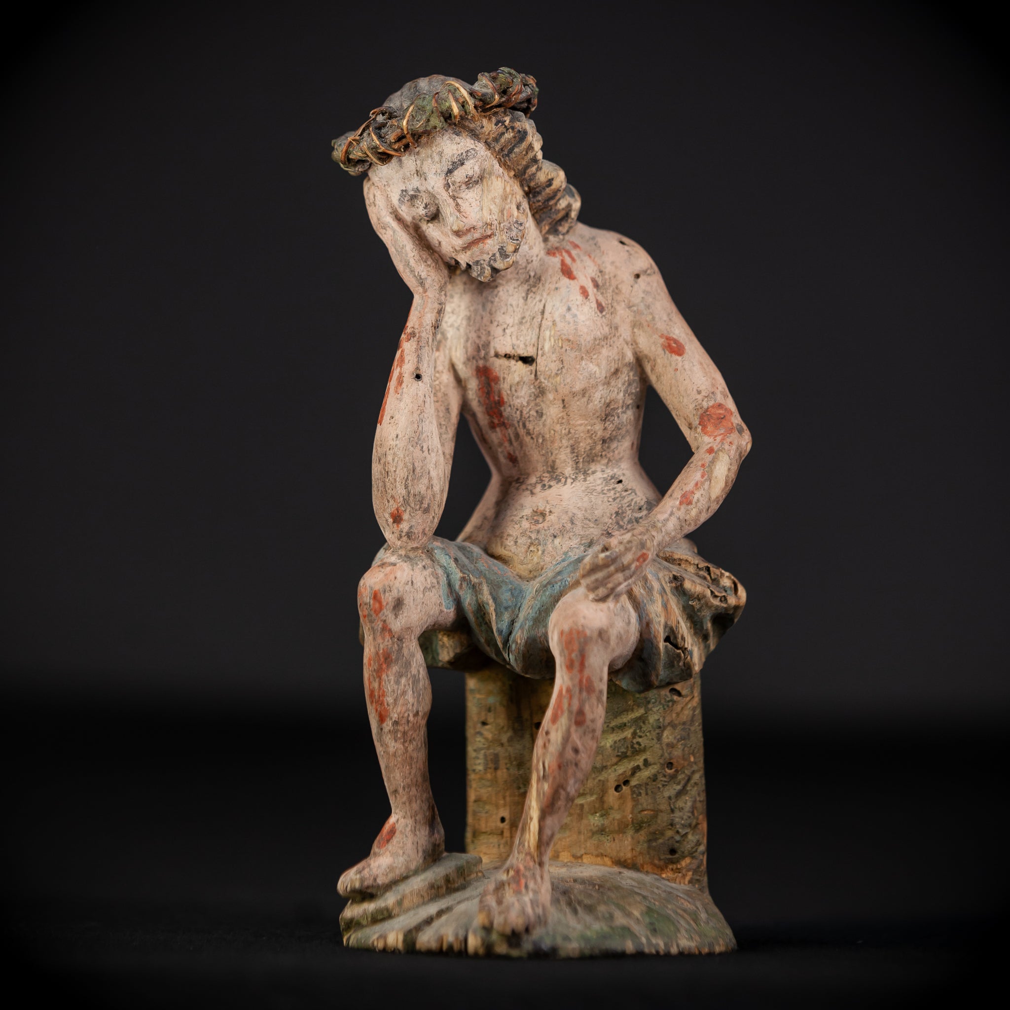 Pensive Christ Wooden Sculpture | 1700s Antique | 7.3" / 18.5 cm