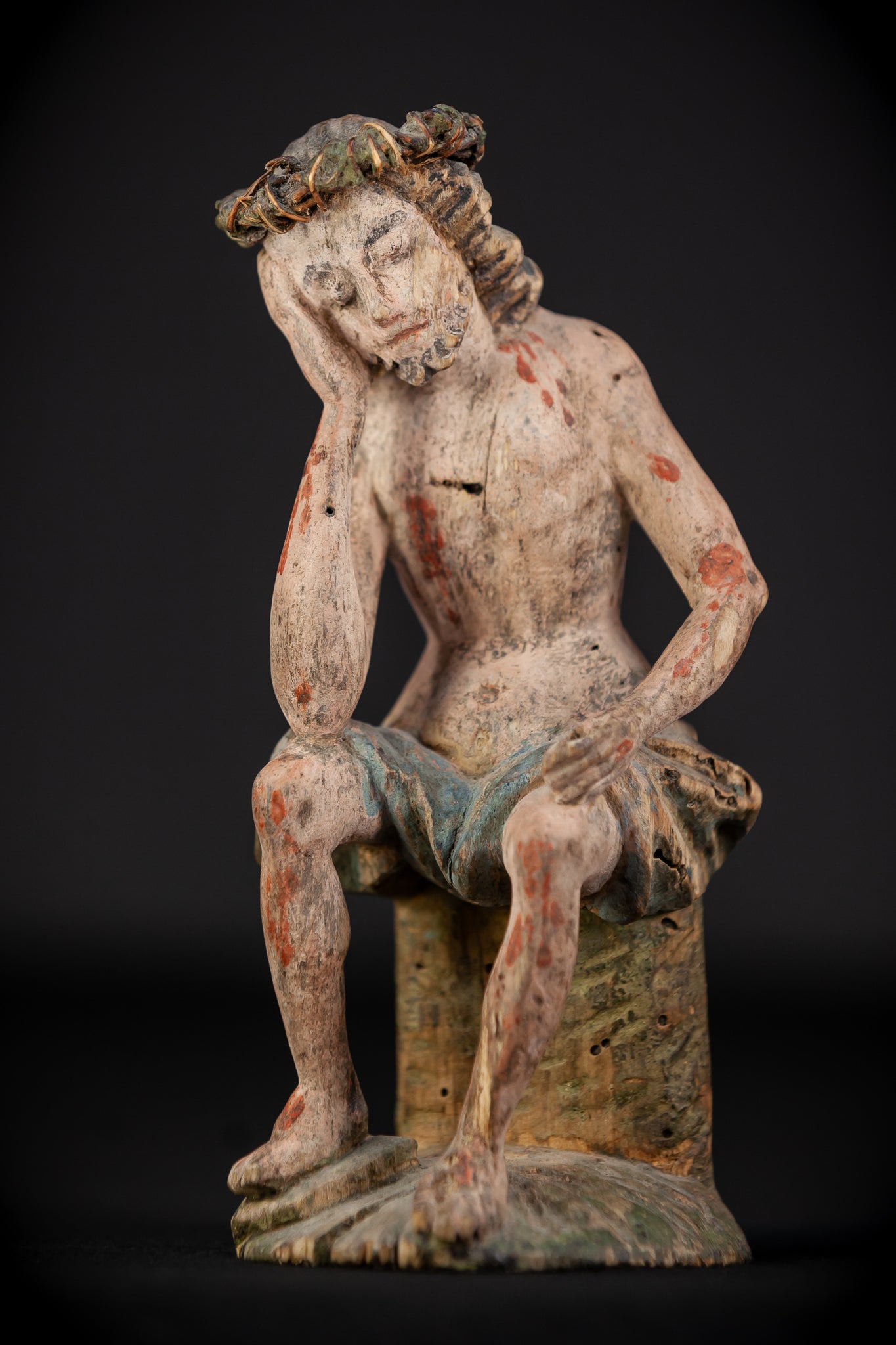 Pensive Christ Wooden Sculpture | 1700s Antique 7.3" / 18.5 cm