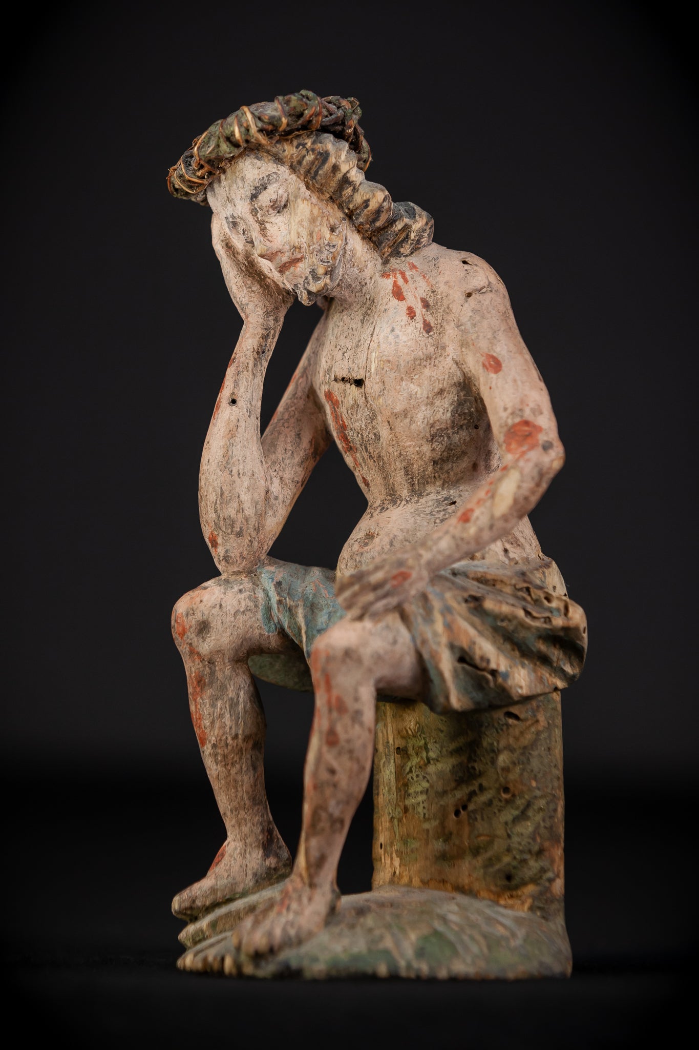 Pensive Christ Wooden Sculpture | 1700s Antique | 7.3" / 18.5 cm