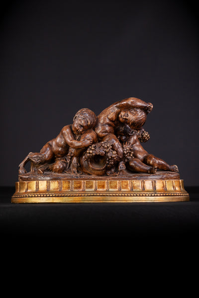 Bacchanal Putti with Baby Satyr Italian Terracotta Sculpture by A. Calendi | 17.7" / 45 cm