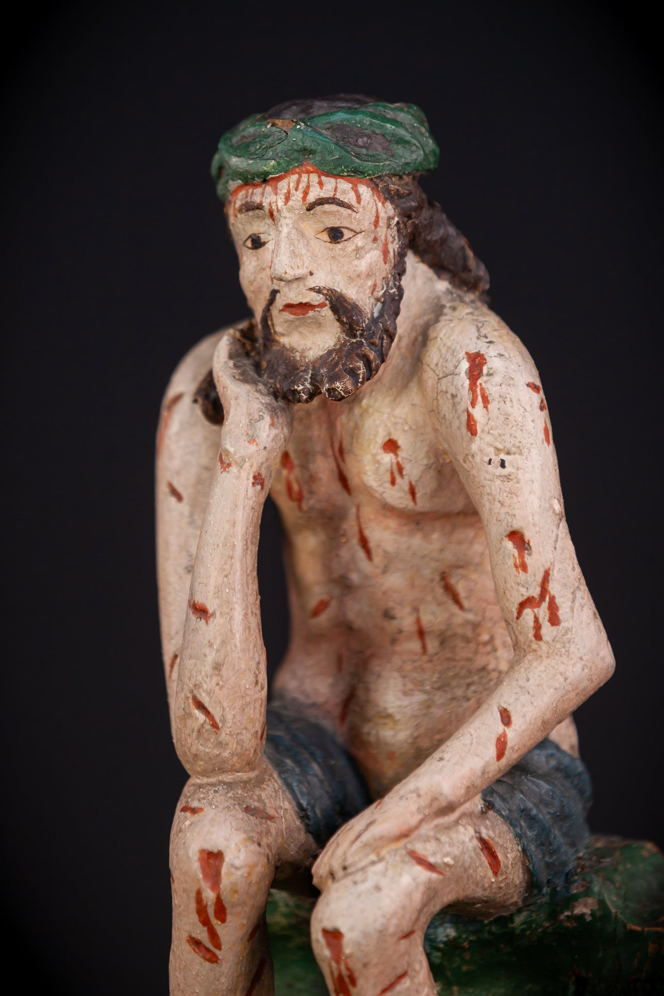 Pensive Christ Wooden Sculpture | 1700s Antique | 9.4" / 24 cm