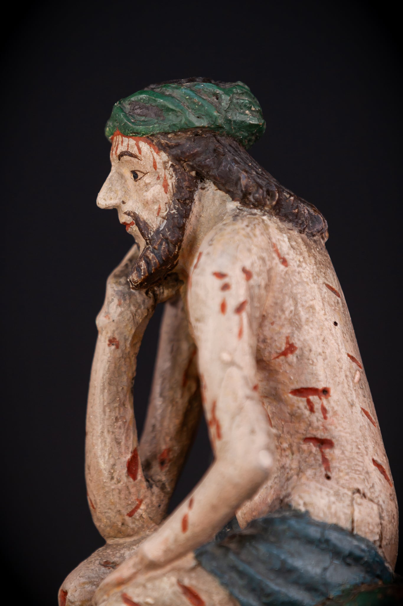 Pensive Christ Wooden Sculpture | 1700s Antique | 9.4" / 24 cm