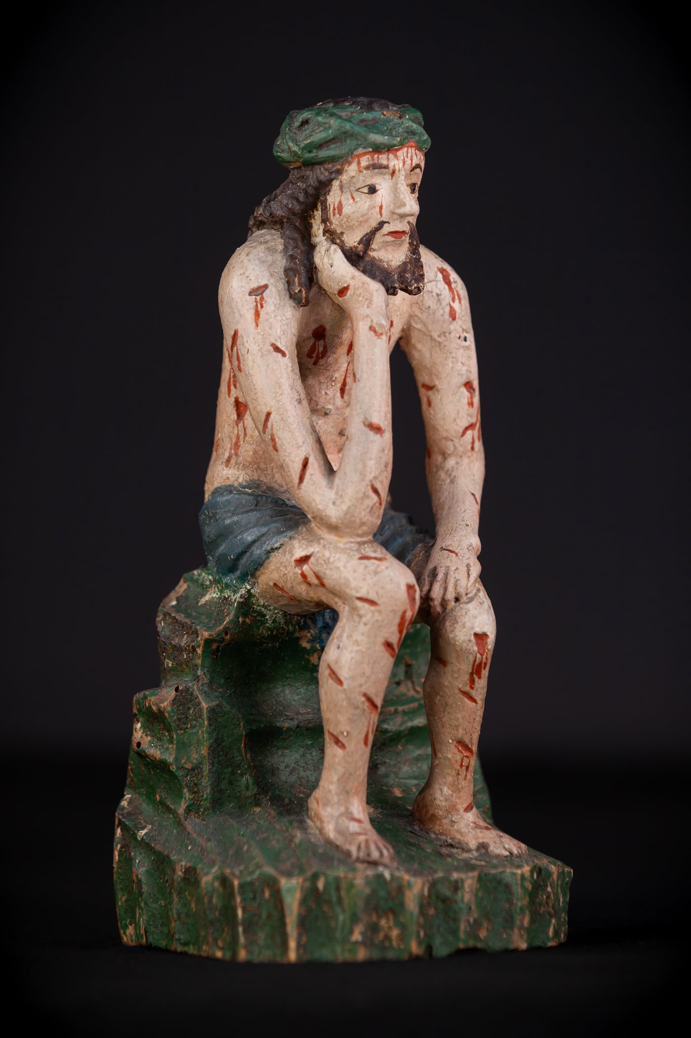 Pensive Christ Wooden Sculpture | 1700s Antique | 9.4" / 24 cm