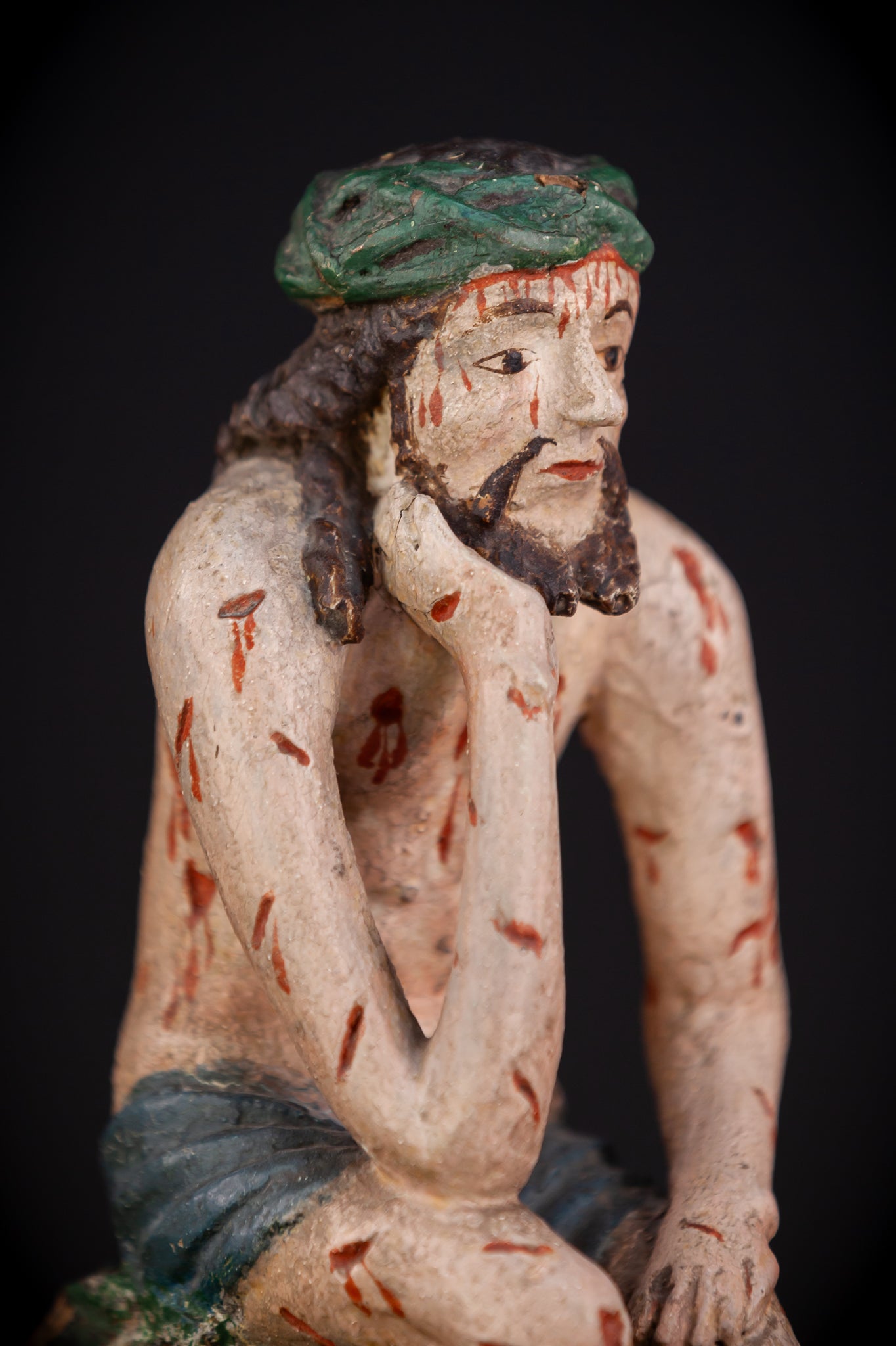 Pensive Christ Wooden Sculpture | 1700s Antique | 9.4" / 24 cm