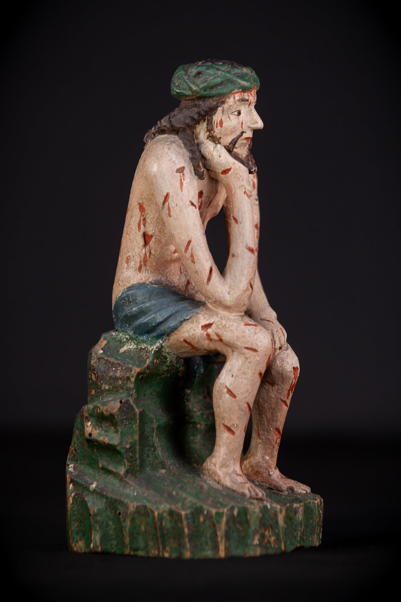 Pensive Christ Wooden Sculpture | 1700s Antique | 9.4" / 24 cm