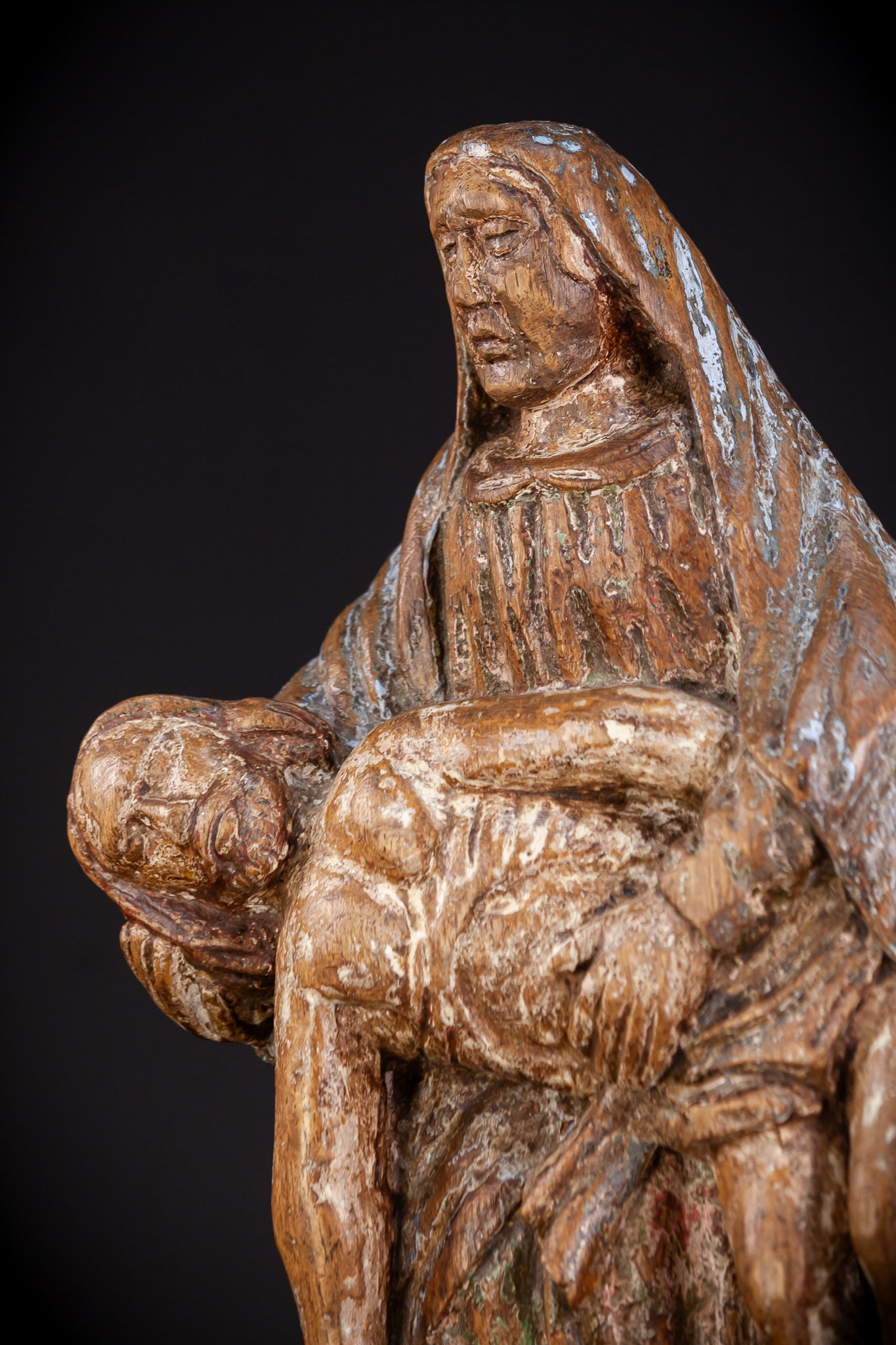 Pieta Wood Carving Sculpture | 1500s Antique | 17.1" / 43.5 cm